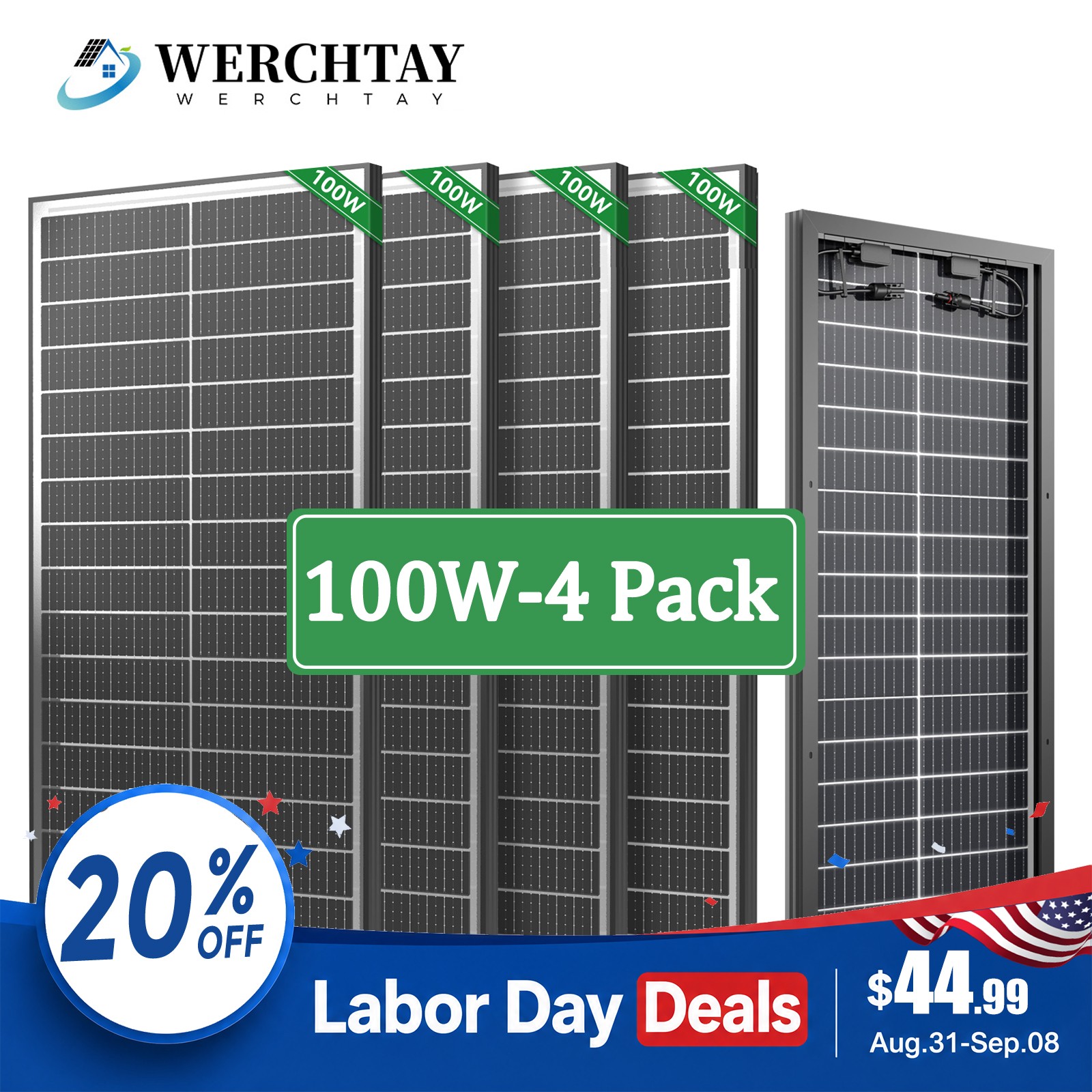 4Pack 100 Watt (400W) Bifacial N-Type Solar Panel 18BB Mono 12V/24V Sunshed home