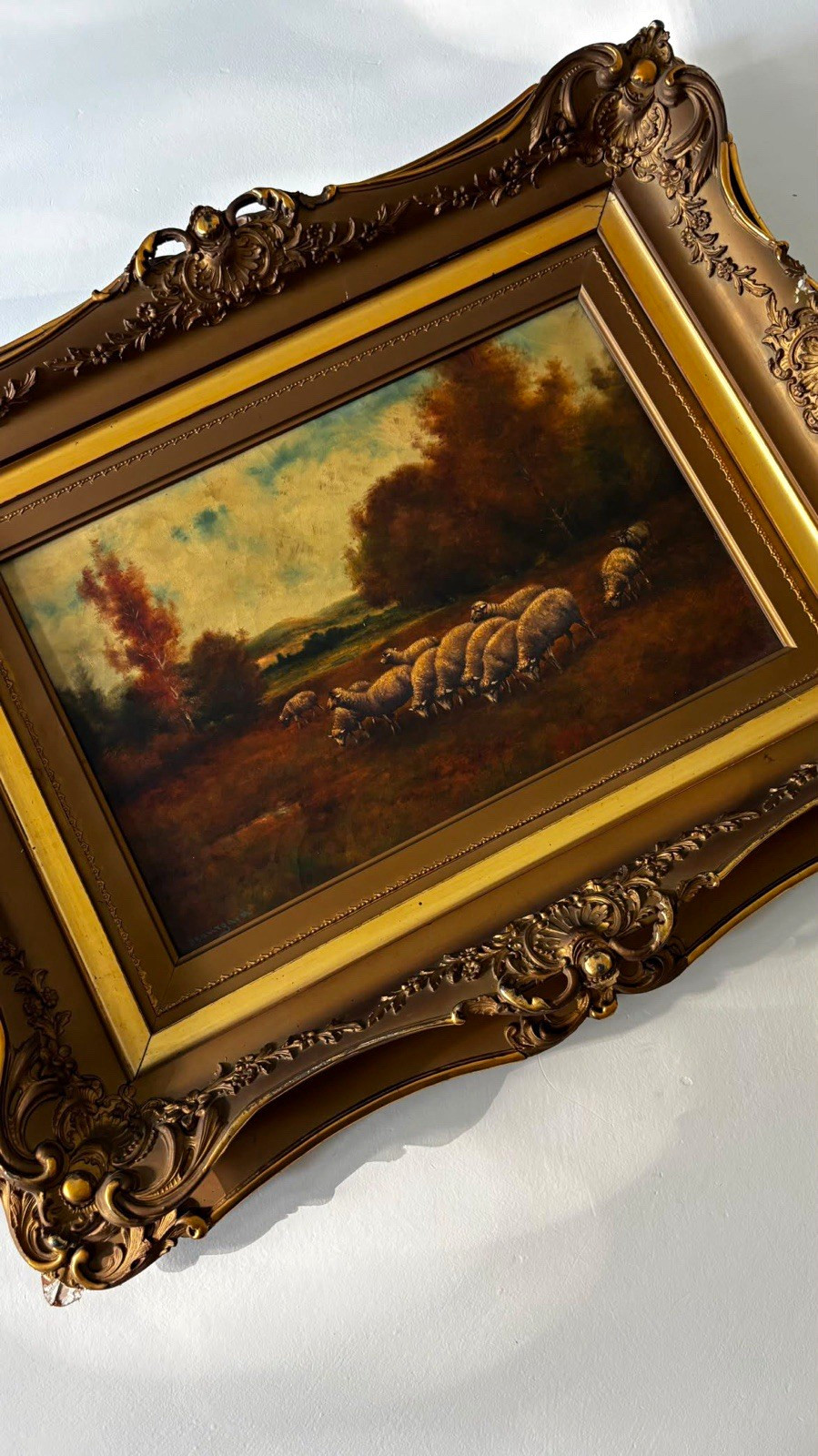 Antique 19th C. Sheep Pastoral Oil on Canvas Landscape Painting Giltwood French Antique 19th C. Sheep Pastoral Oil on Canvas Landscape Painting Giltwood French