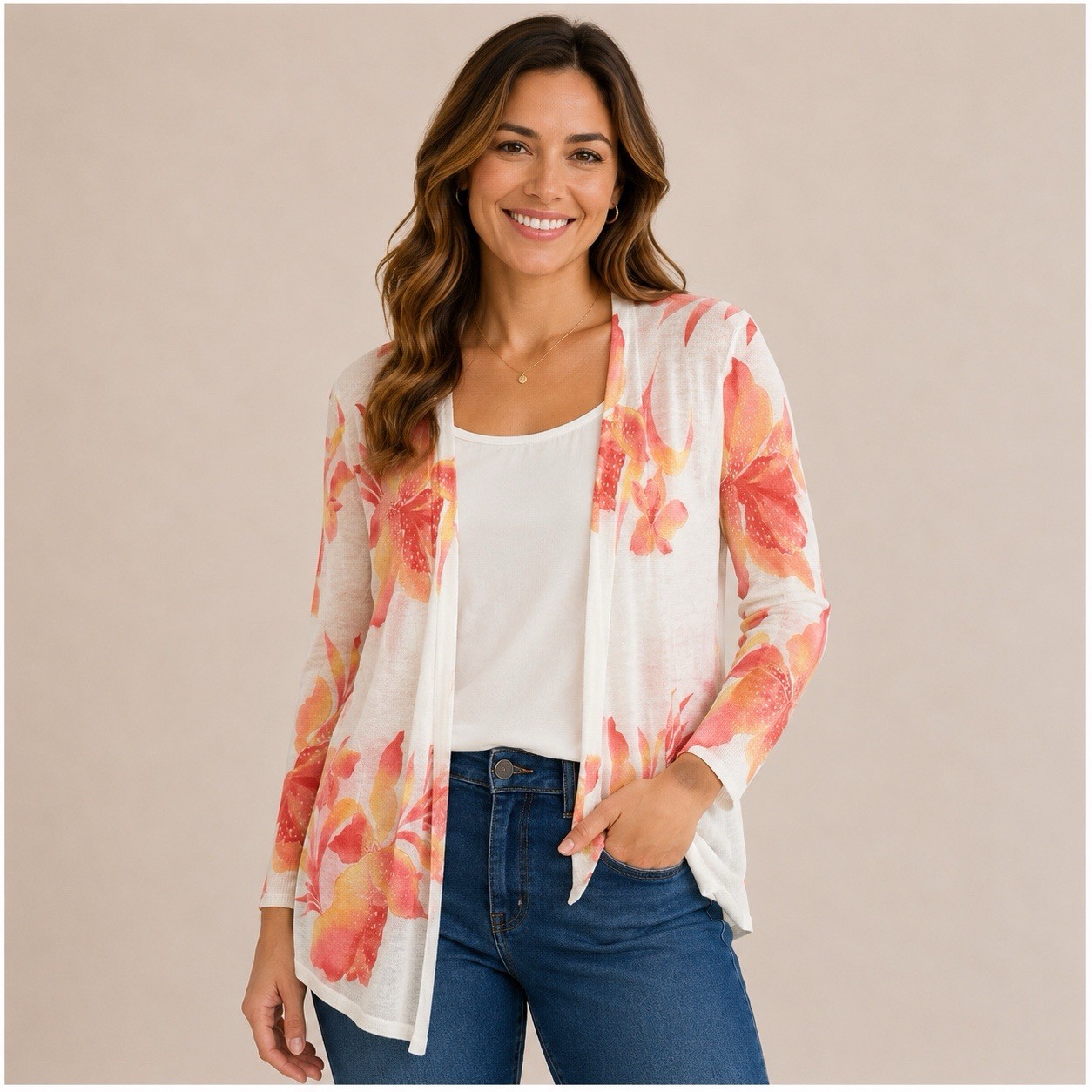 Chicos Open Cardigan Size 3 XL White Pink Floral Light Weight 3/4 Sleeve Sweater Chicos Open Cardigan Size 3 XL White Pink Floral Light Weight 3/4 Sleeve Sweater