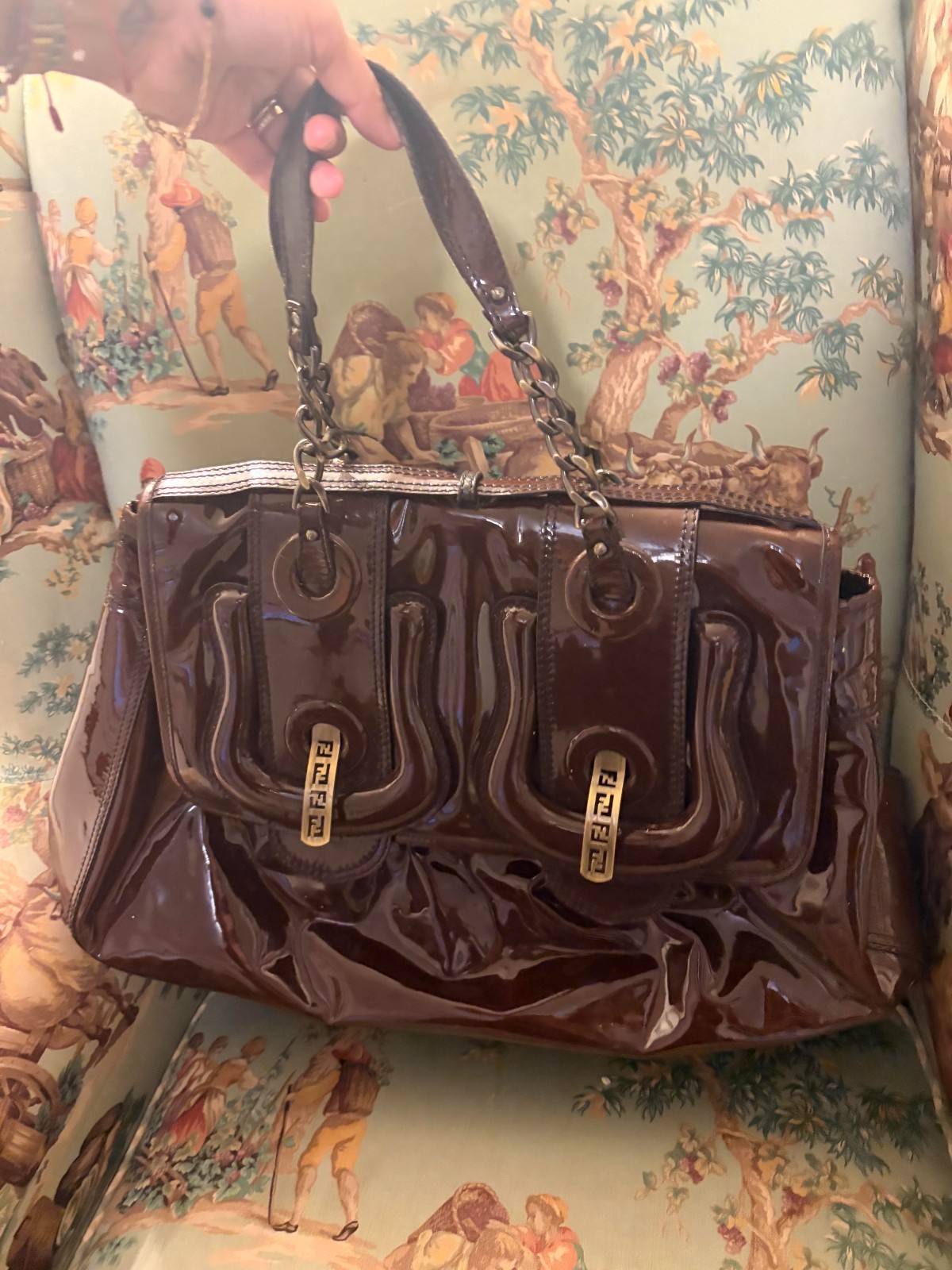 Vintage Fendi B Buckle Patent Leather Handbag FF Logo mid-2000s AS IS