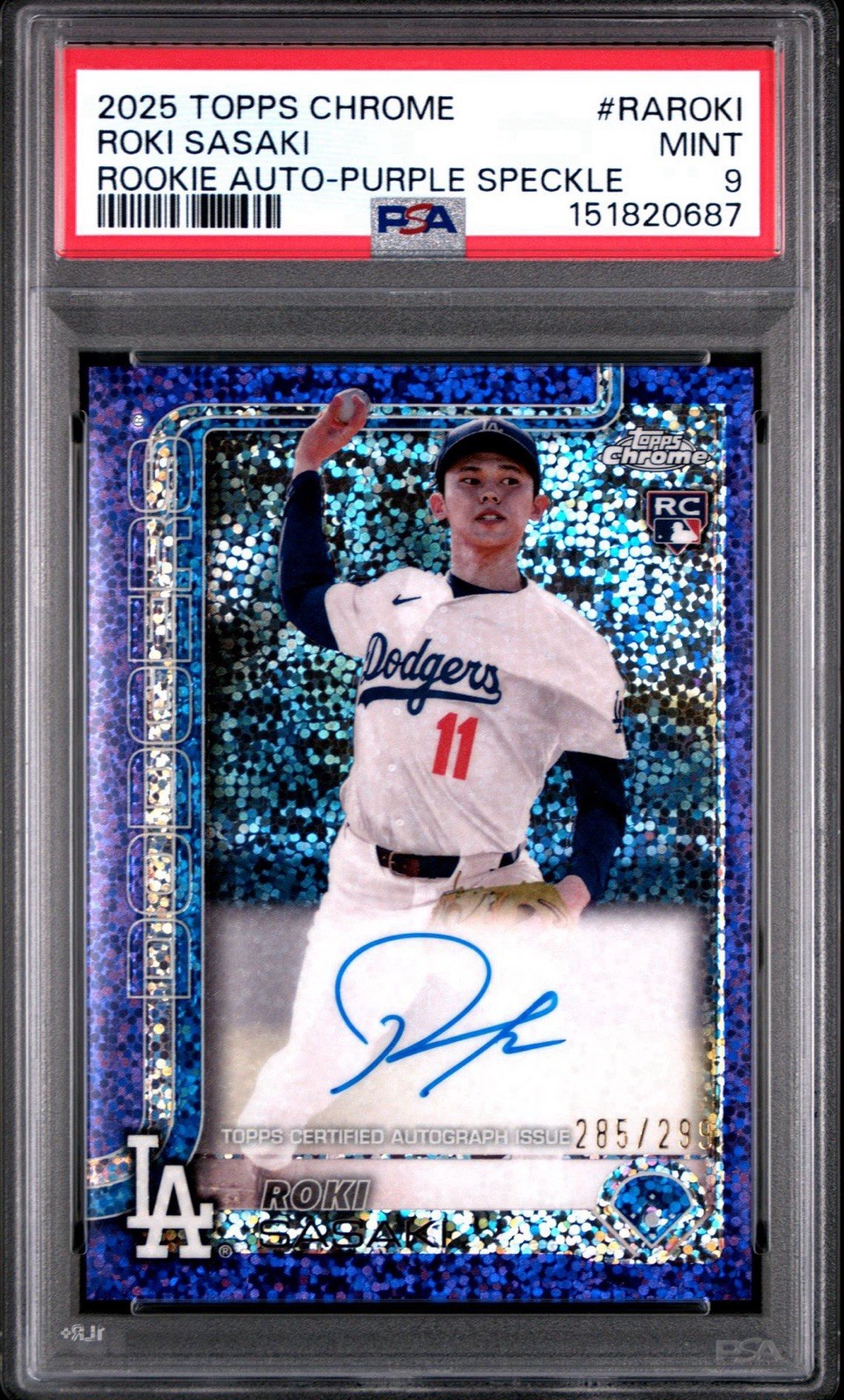 2025 TOPPS CHROME ROKI SASAKI ROOKIE AUTO PURPLE SPECKLE #/299 #RA-ROKI PSA 9 2025 TOPPS CHROME ROKI SASAKI ROOKIE AUTO PURPLE SPECKLE #/299 #RA-ROKI PSA 9