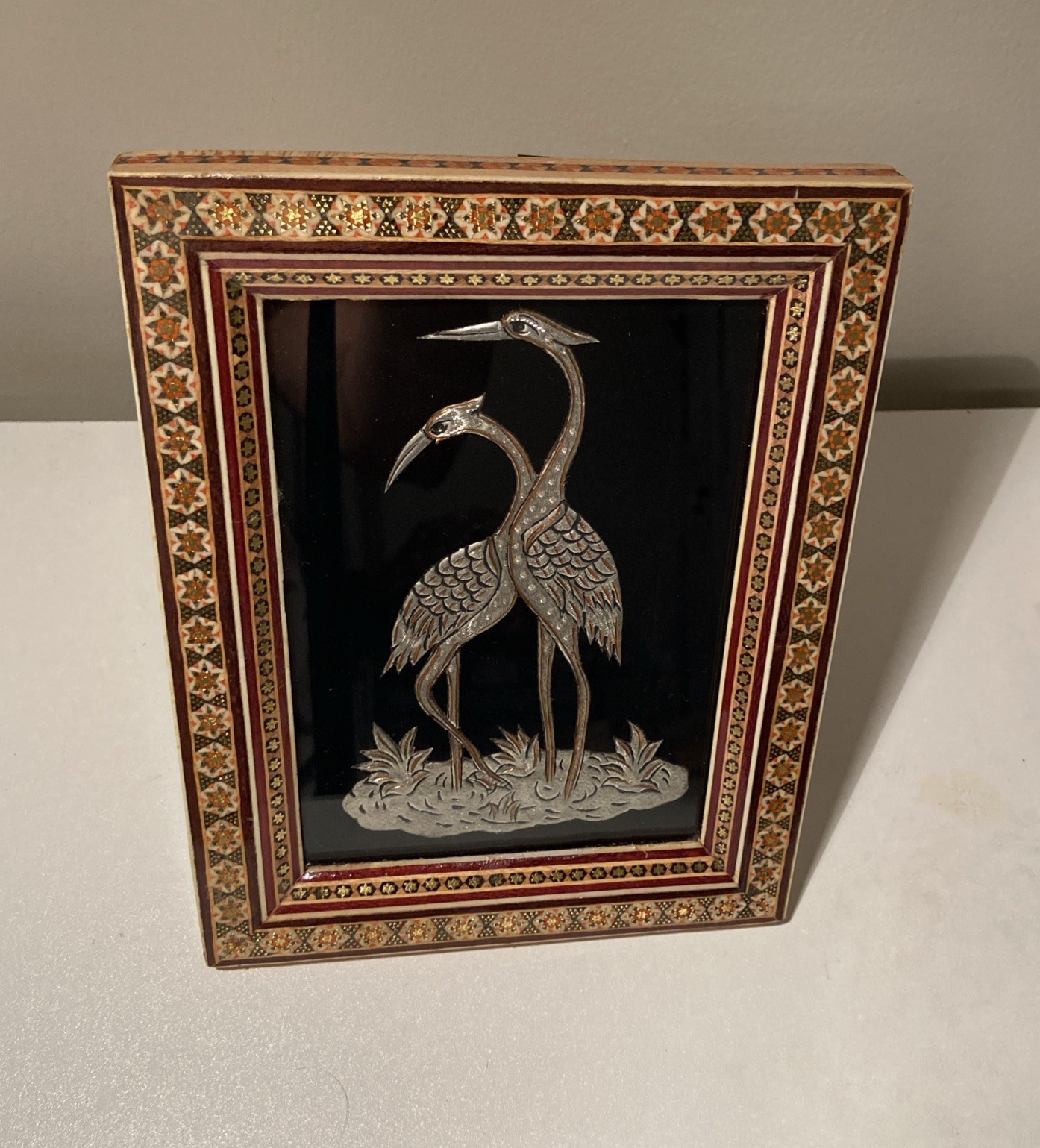 Vtg Persian Metal art Work Cranes Velvet Black Background,Khatam Marquetry Frame Vtg Persian Metal art Work Cranes Velvet Black Background,Khatam Marquetry Frame