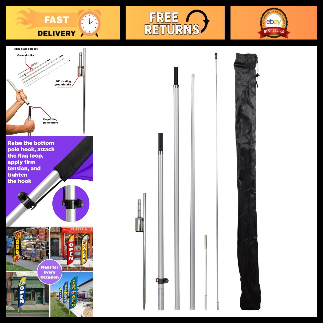 13ft Tall Feather Flag Pole Kit with Rotating Spike - Swooper Banner Display 13ft Tall Feather Flag Pole Kit with Rotating Spike - Swooper Banner Display