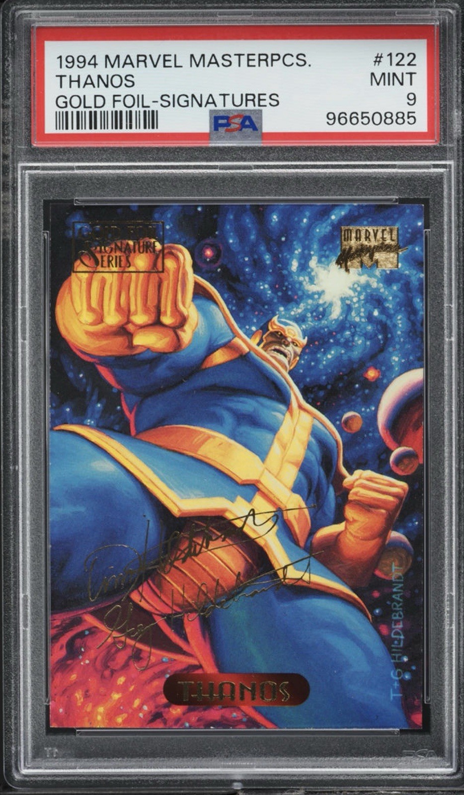 1994 Fleer Marvel Masterpieces Gold Foil Signatures Thanos #122 PSA 9 (POP 14) 1994 Fleer Marvel Masterpieces Gold Foil Signatures Thanos #122 PSA 9 (POP 14)