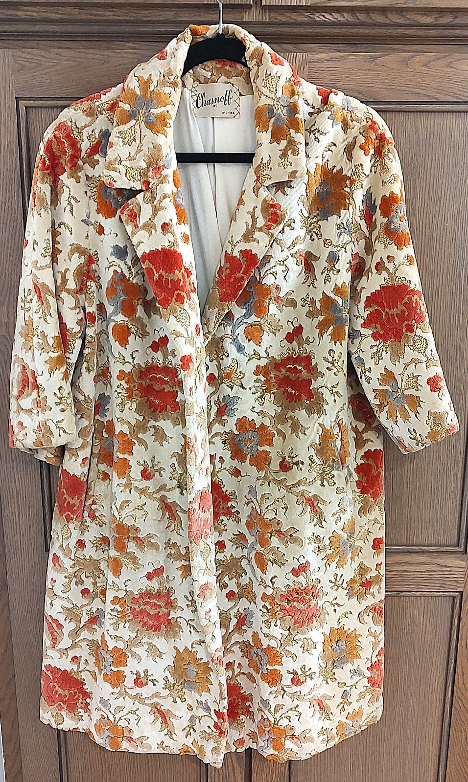 VTG Chasnoff 1960\'s Ivory Floral Tapestry Carpet Swing Coat; Fully Lined; Size M