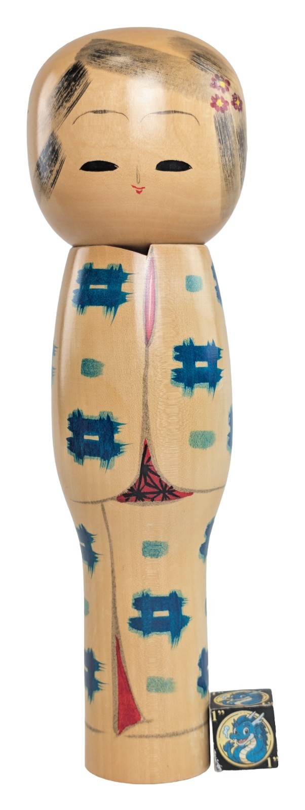 Vintage Creative Kokeshi Doll Girl w/ Blue Checkered Design by Shibata Eiko 29cm