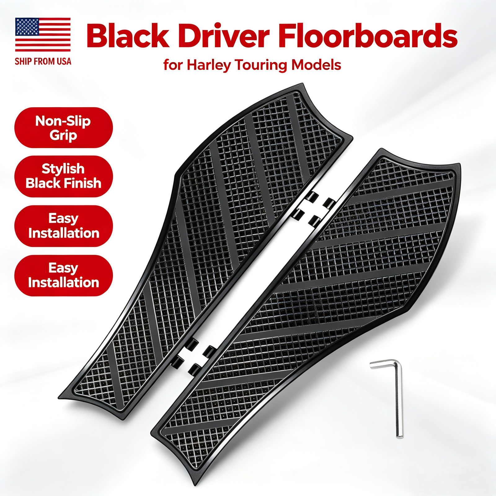 Black Driver Anti‑Slip Wide Floorboards Big Front Footpegs For Harley Road King Black Driver Anti‑Slip Wide Floorboards Big Front Footpegs For Harley Road King