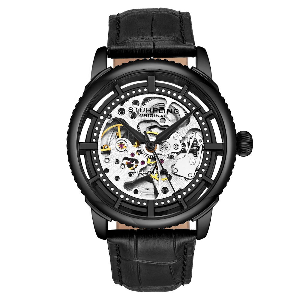 Stuhrling 3933 3 Winchester Automatic Black Skeleton Leather Strap Mens Watch