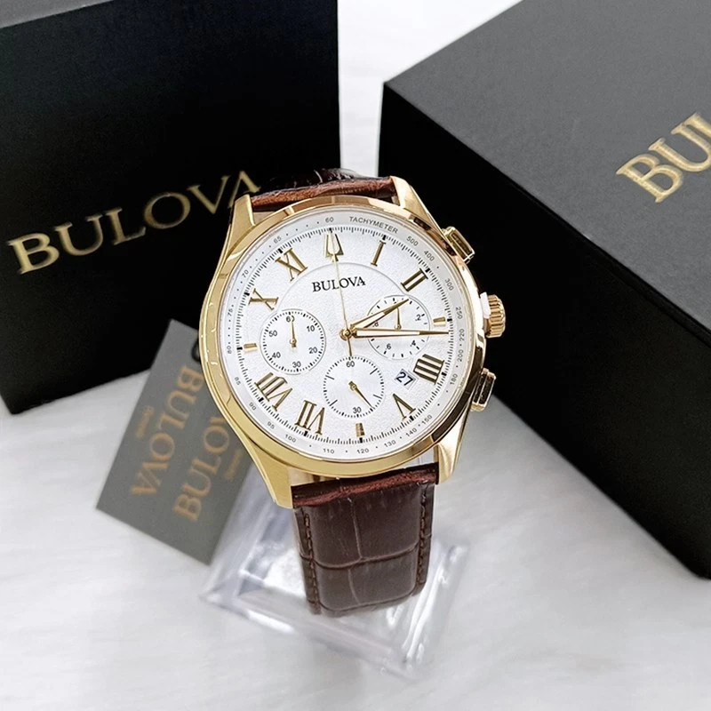 Men's Bulova Wilton White Dial Brown Leather Classic 97B169 Quartz Watch 46.5mm