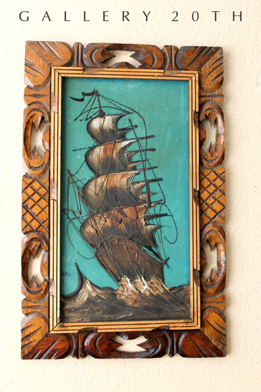 SPECTACULAR VTG SHIP PAINTING 50'S GALLEON WALL ART MID CENTURY MODERN PIRATE