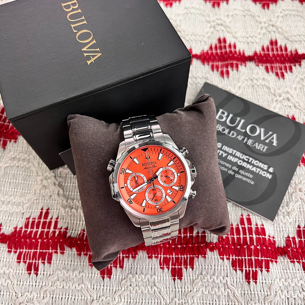 New Classic Bulova Marine Star 96B395 Orange Dial 43mm Chrono Quartz Men's Watch