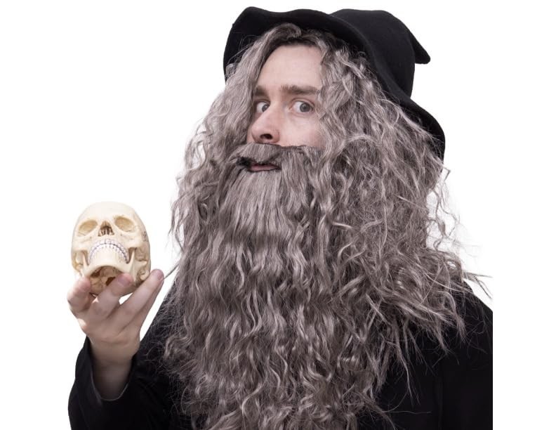 Happy Hippo Long, Gray Wizard Wig and Beard Set: Halloween Costume Wig for Men Happy Hippo Long, Gray Wizard Wig and Beard Set: Halloween Costume Wig for Men