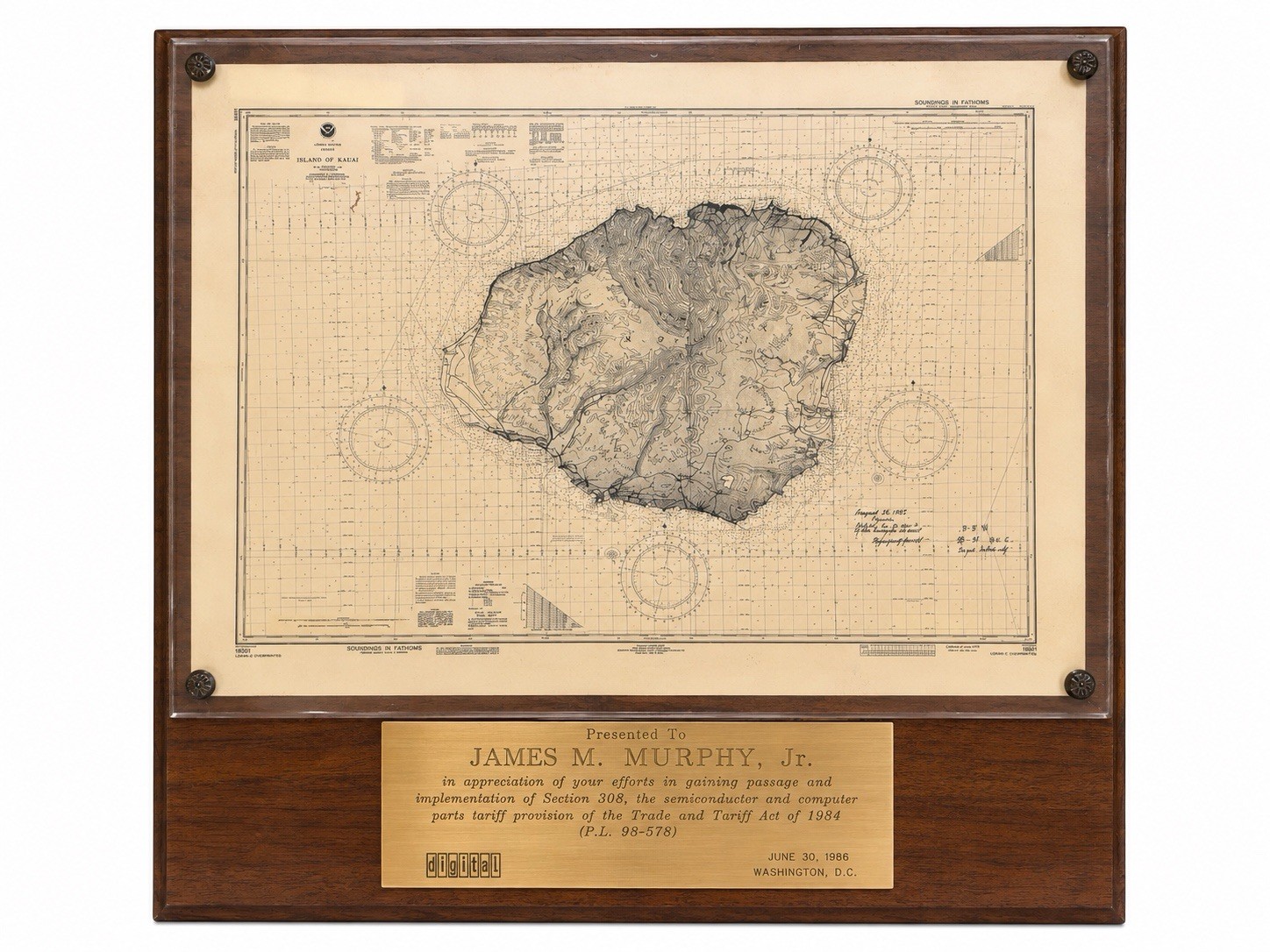 Vintage NOAA Island of Kauai Hawaii Nautical Chart Wood Presentation Plaque 1986