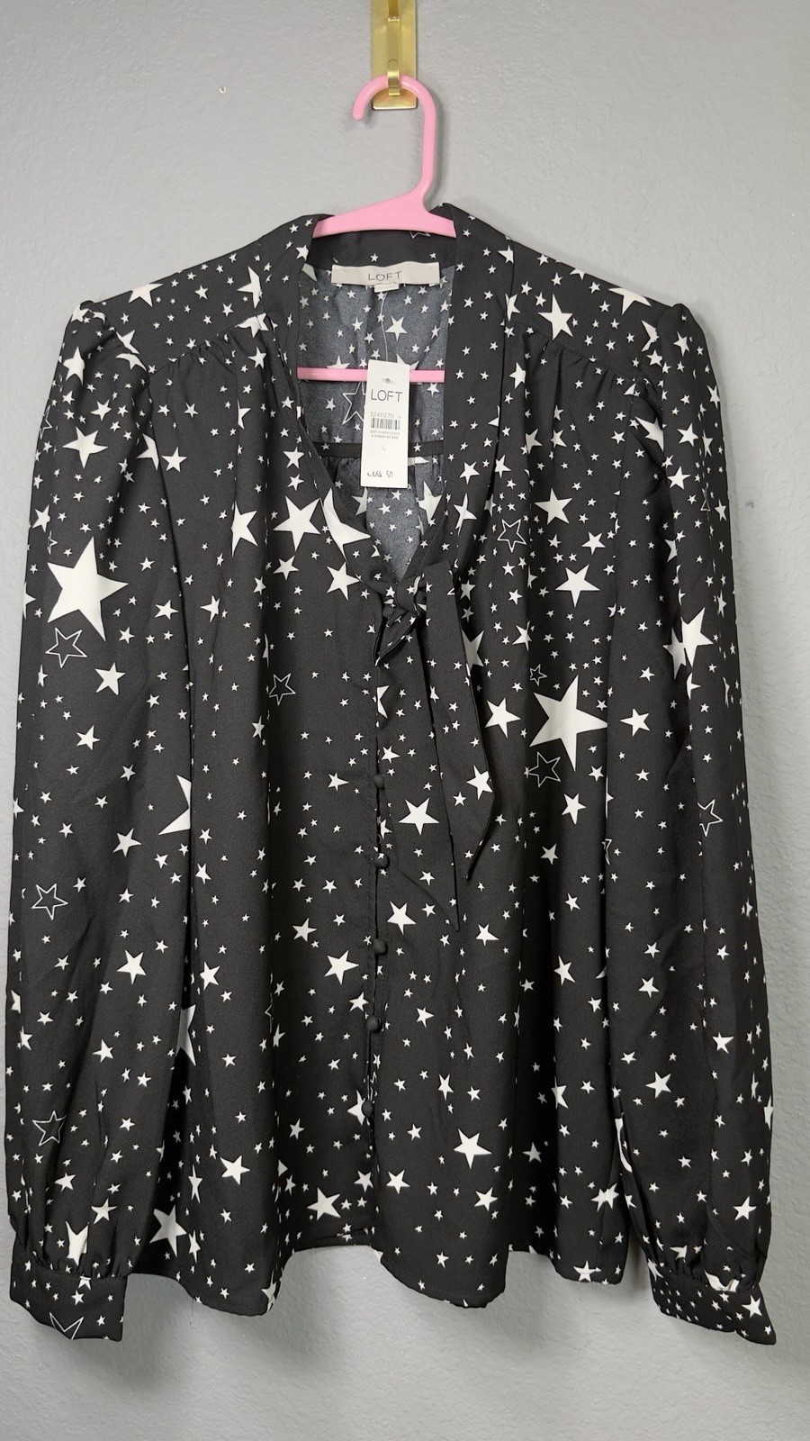 LOFT Star Print Tie Neck Blouse Women’s Large Black White Long Sleeve NWT