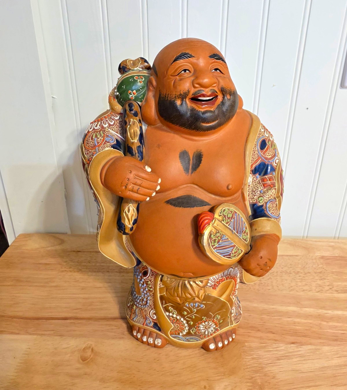 Japanese Kutani Porcelain Hotei Statue Seven Lucky Gods Buddha Okimono Gilt