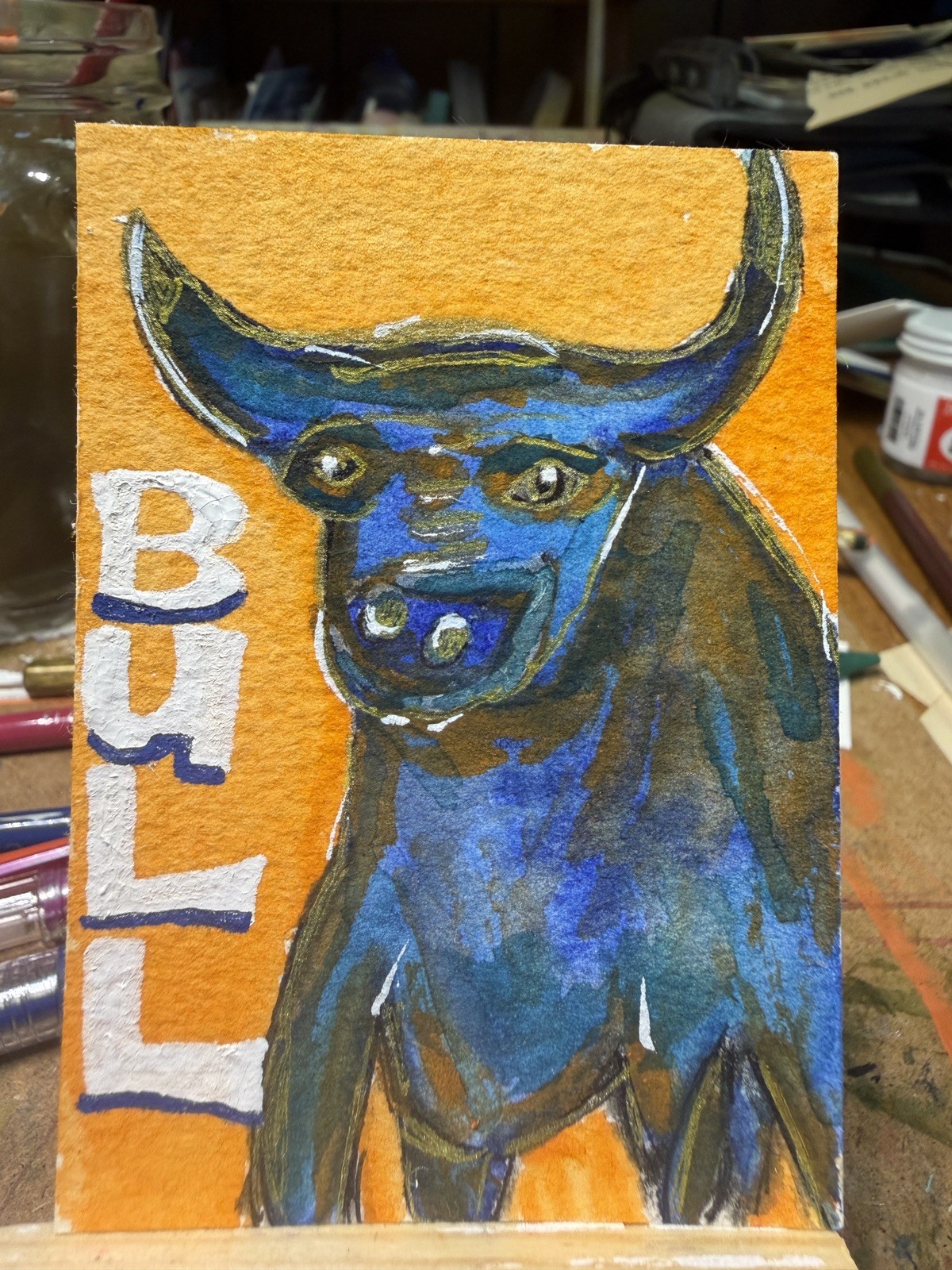 ACEO Original, Signed, abstract, Bull, western. Artist; one anxious Lady