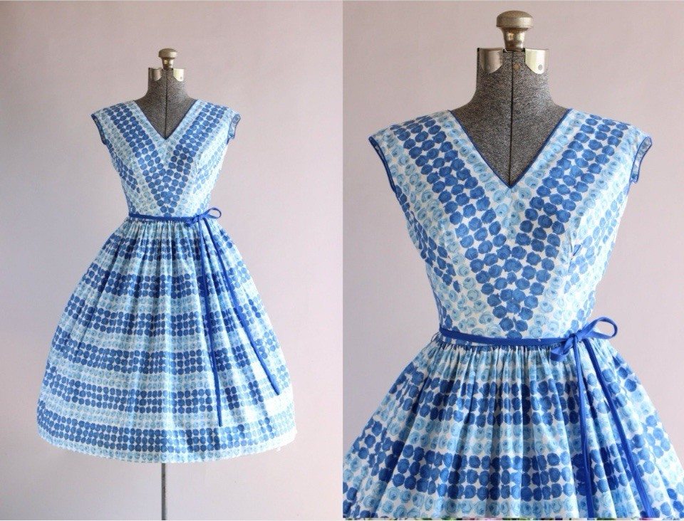 Vintage 1950s California Cottons Blue Rose Print Dress w/ Waist Tie S