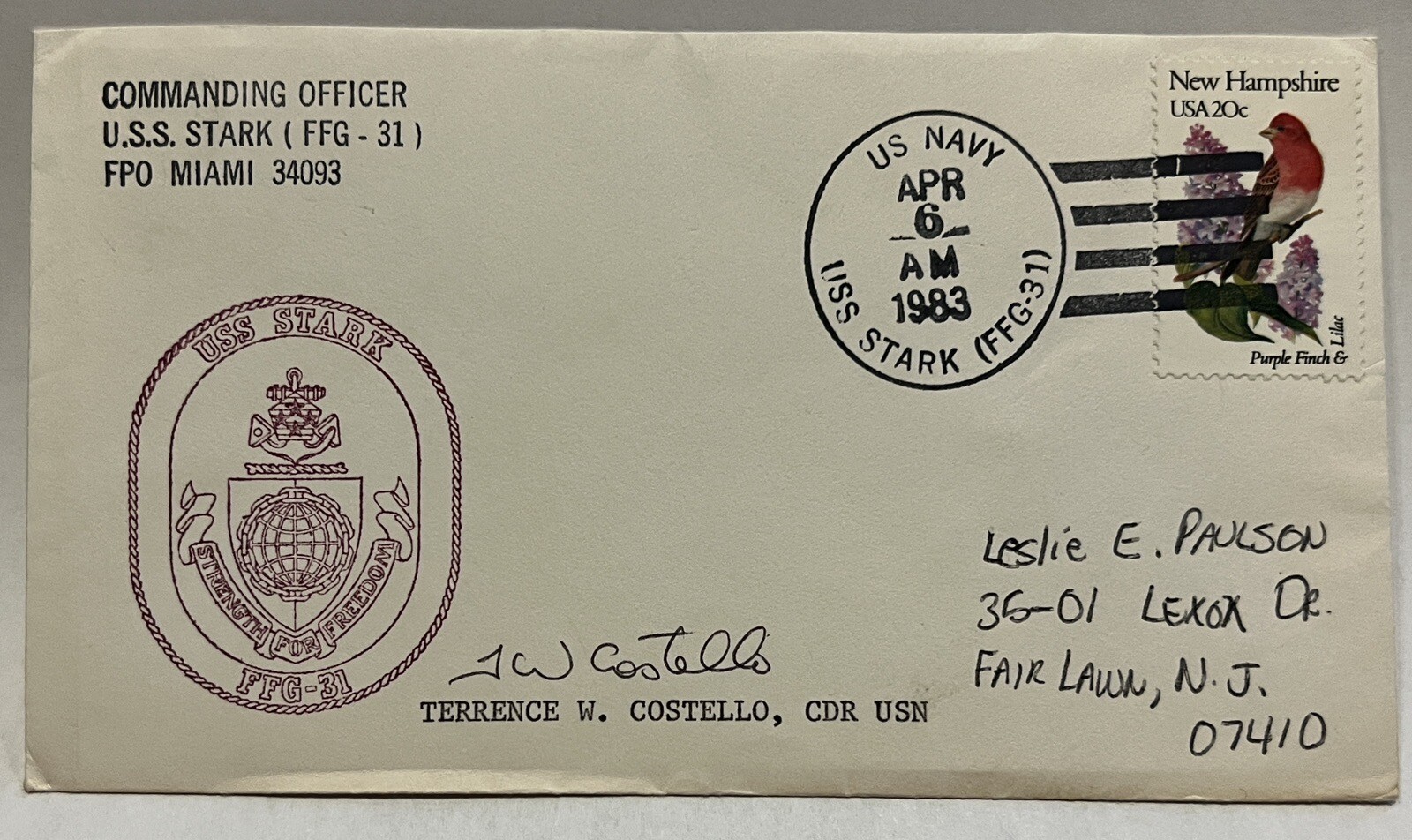 1983 USS STARK FFG-31 FPO MIAMI US NAVAL COVER SIGNED BY COMMANDING OFFICER 1983 USS STARK FFG-31 FPO MIAMI US NAVAL COVER SIGNED BY COMMANDING OFFICER