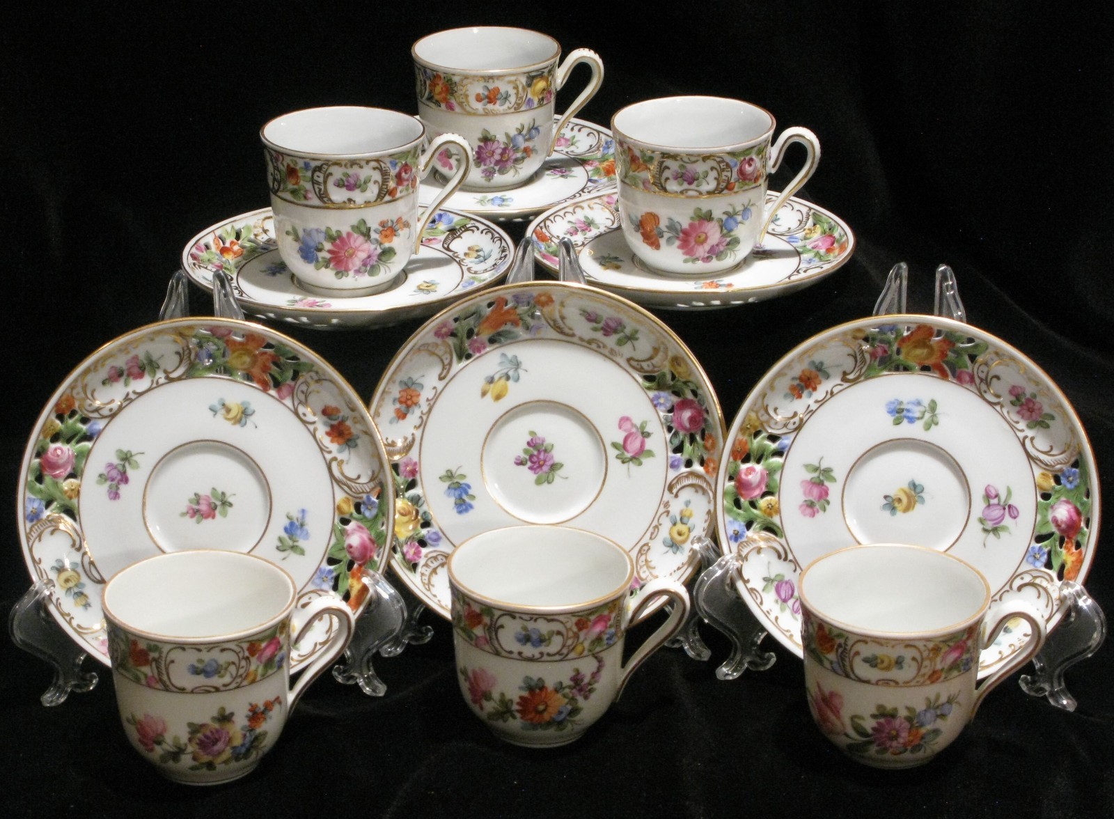 Schumann Bavaria Six Floral Empress Demitasse Espresso Cups Reticulated Saucers