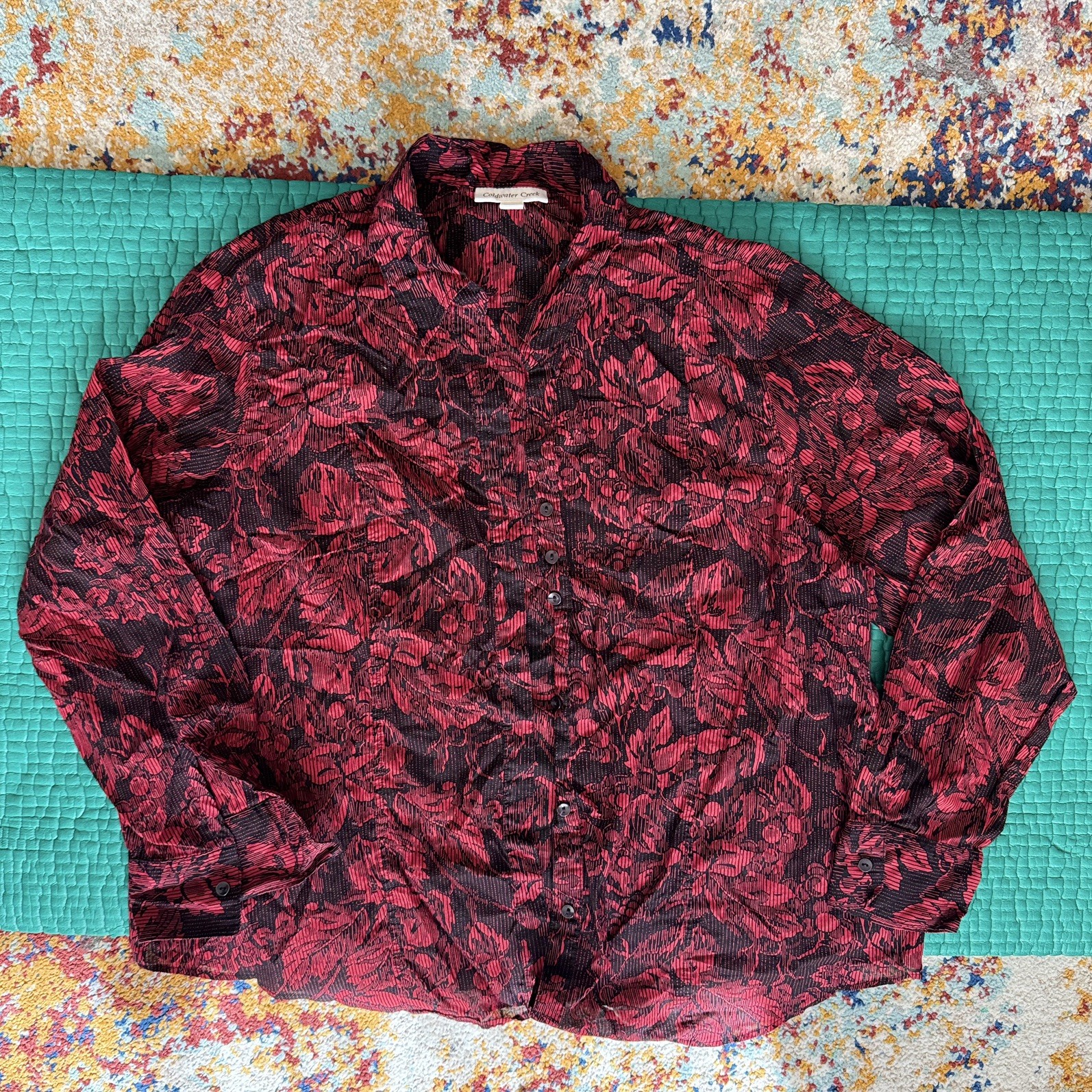 NEW Coldwater Creek Fall Leaf Print Button Down Shirt 2XL Vtg Boho Cottage Witch