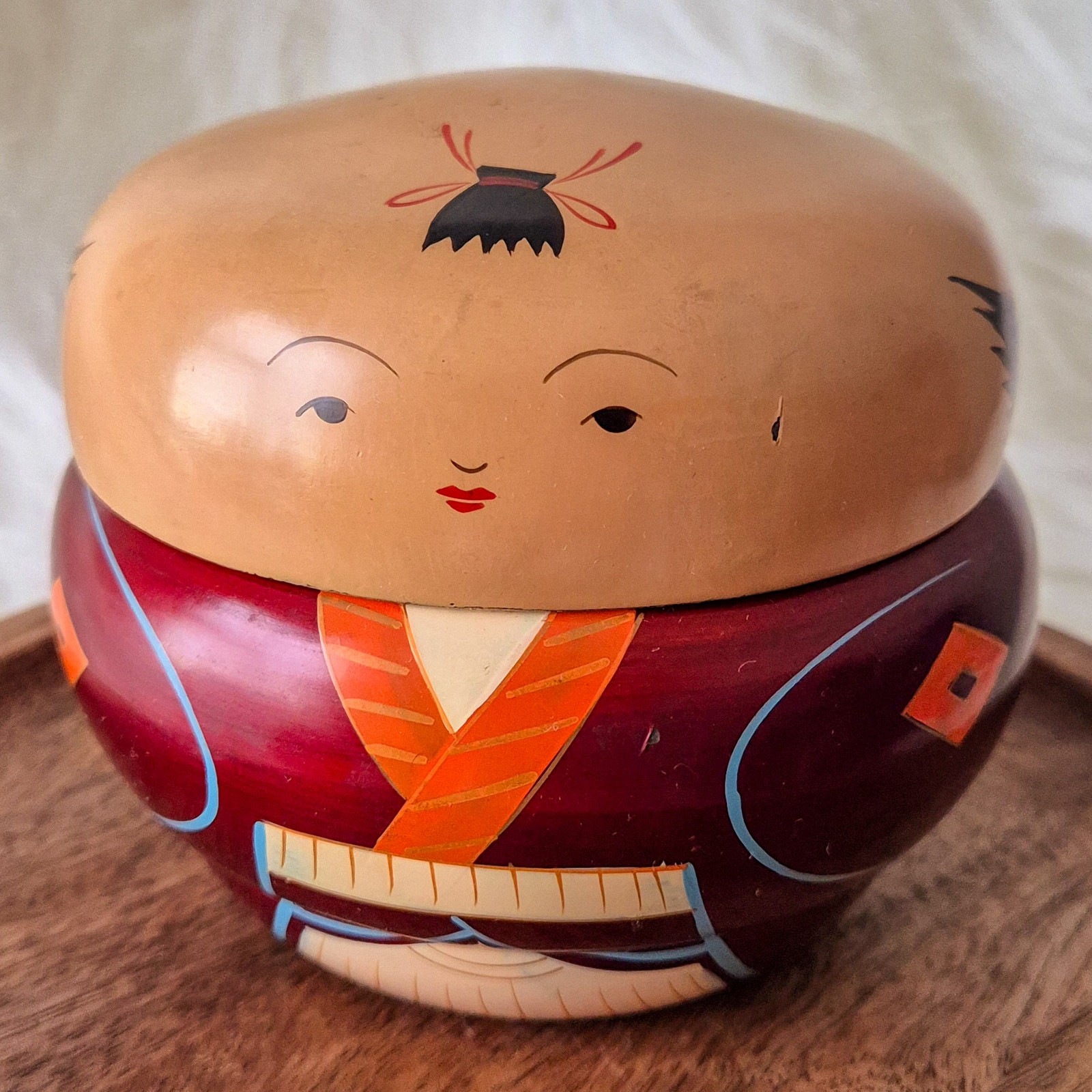 Vintage Japanese Kokeshi Doll Lacquerware Lidded Bowl Trinket Box