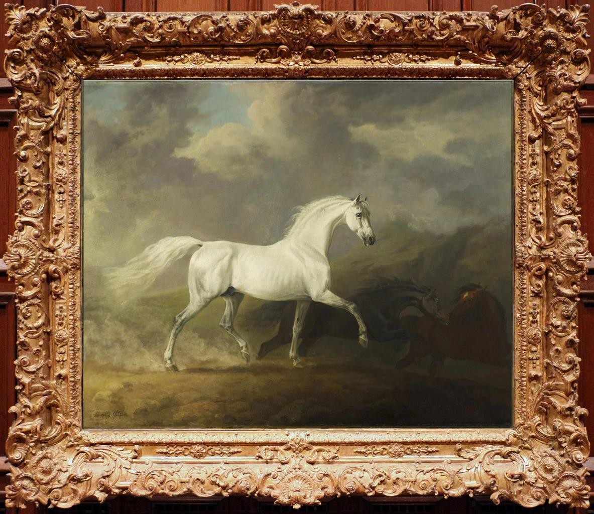 Hand painted Old Master-Art Antique Oil Painting Animal Gray Racehorse on canvas