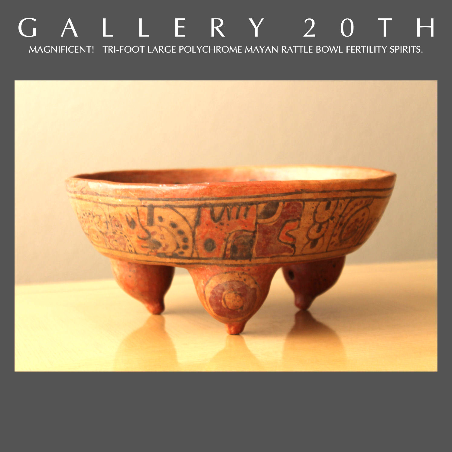 POLYCHROMED MAYAN TRI-FOOTED RATTLE BOWL EL SALVADOR MID CENTURY VTG ORIG. ART