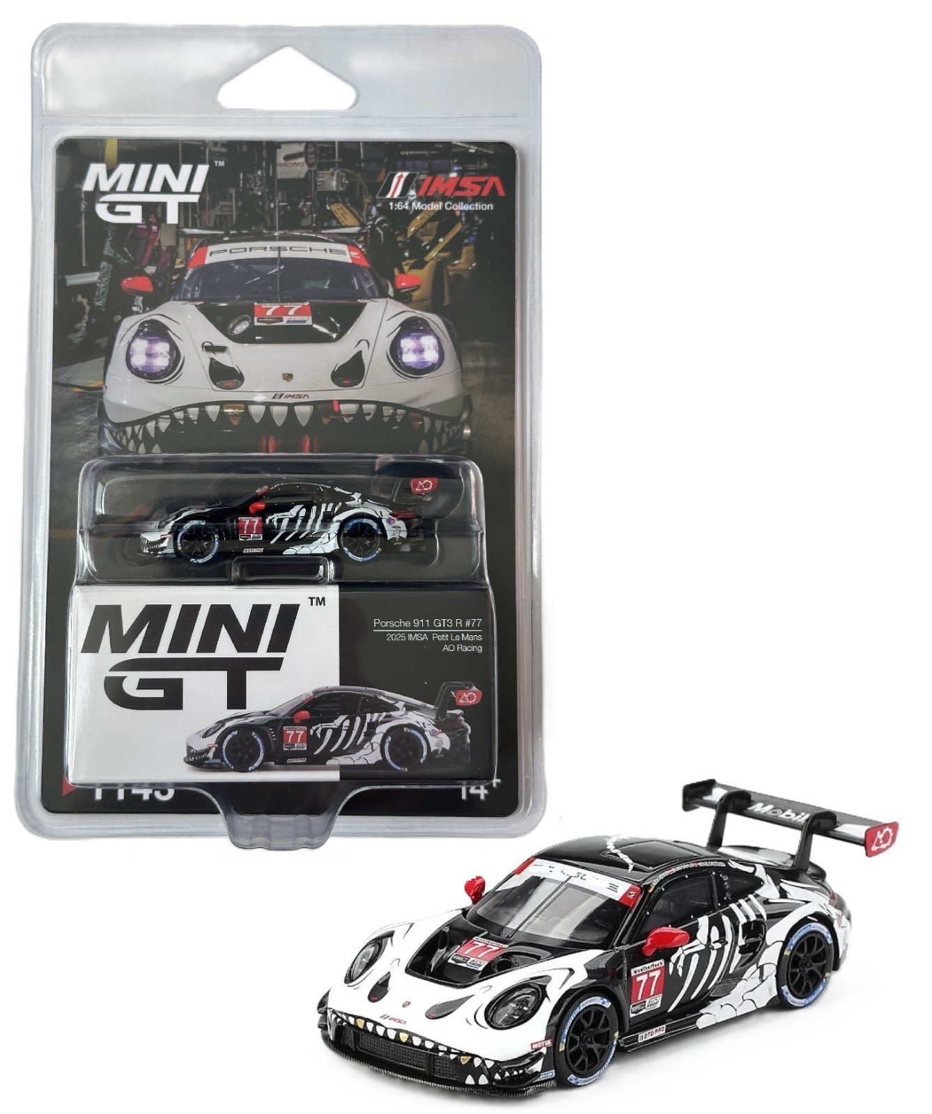 Mini GT 1:64 Porsche 911 GT3 R #77 AO Racing 2025 IMSA Petit Le Mans Rexy #1143