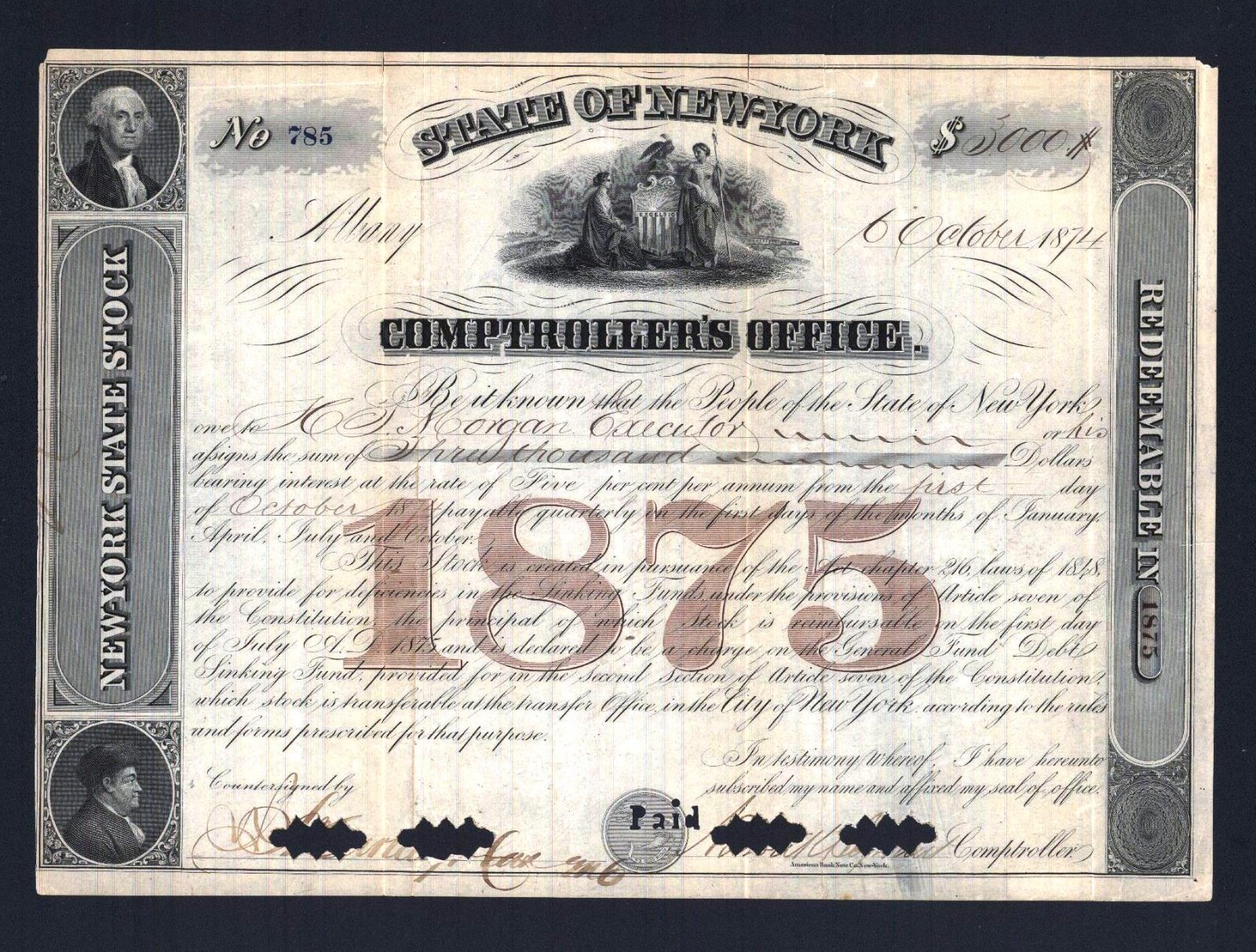 1874   -- New York Comptrollers Office -    EX RARE Stock Certificate
