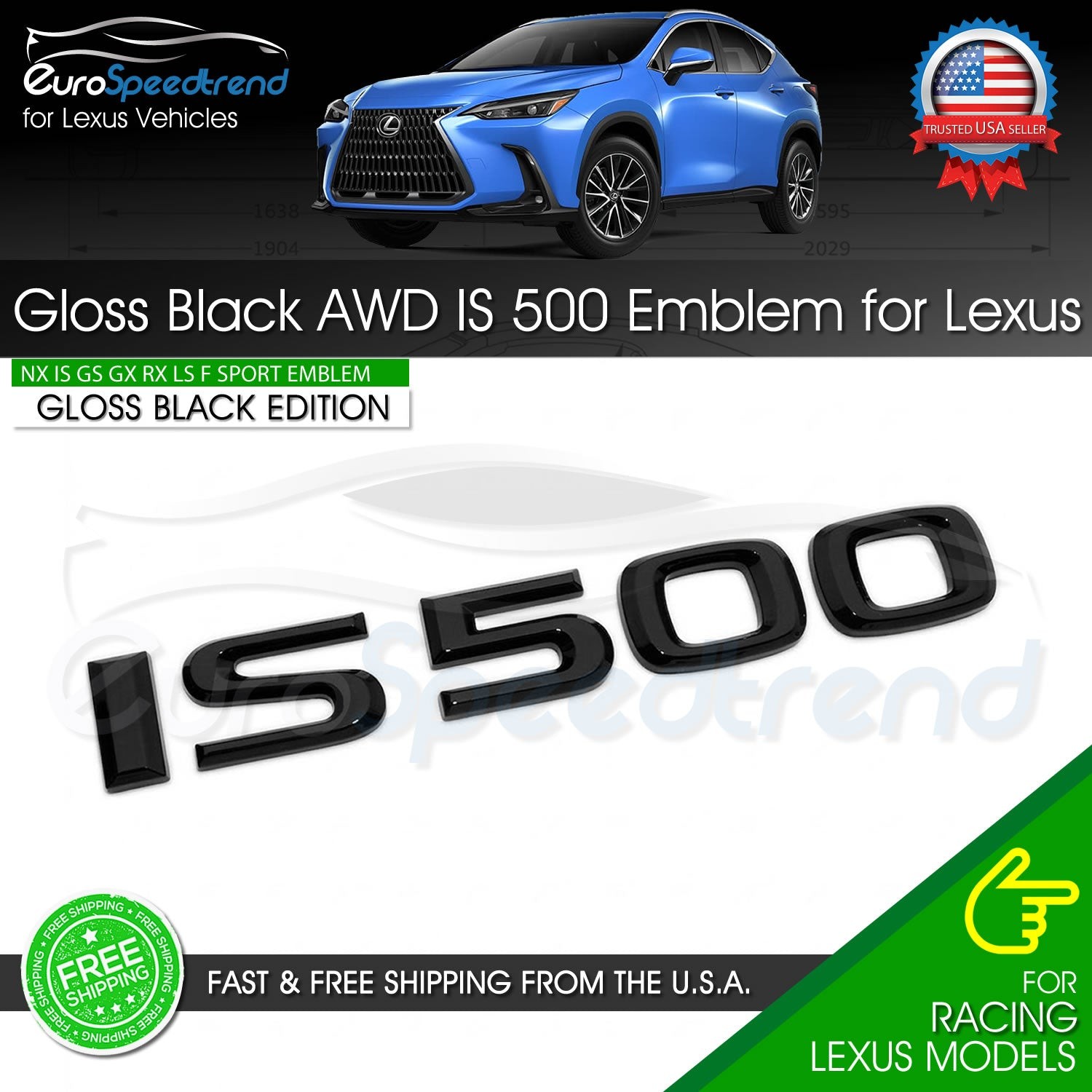 IS500 Letter Emblem For Lexus Gloss Black IS 500 Rear Trunk Logo Badge F-Sport