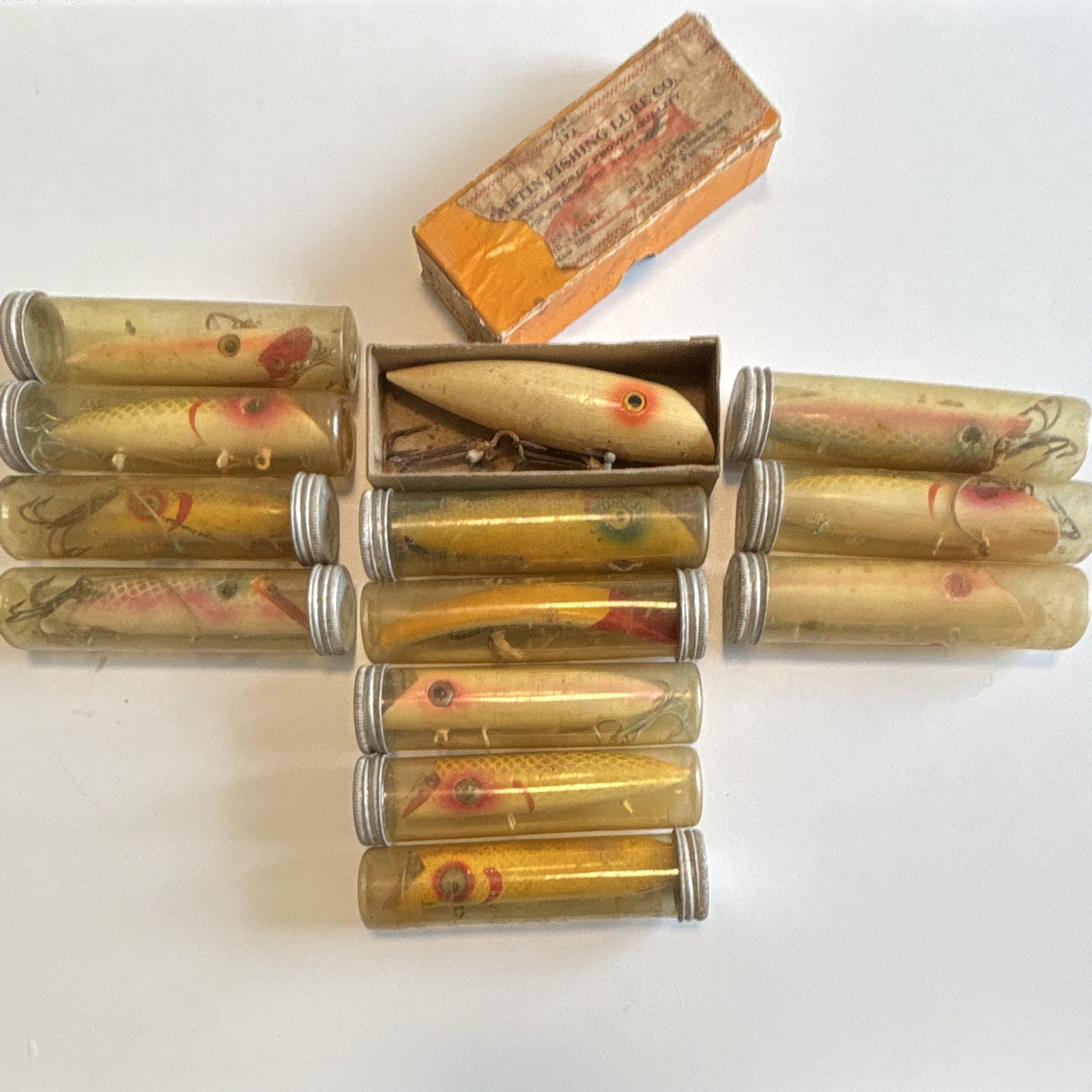 Vintage Martin Fishing Lure Lot (13) w/ Original Tubes & Box Glass Eyes⁠