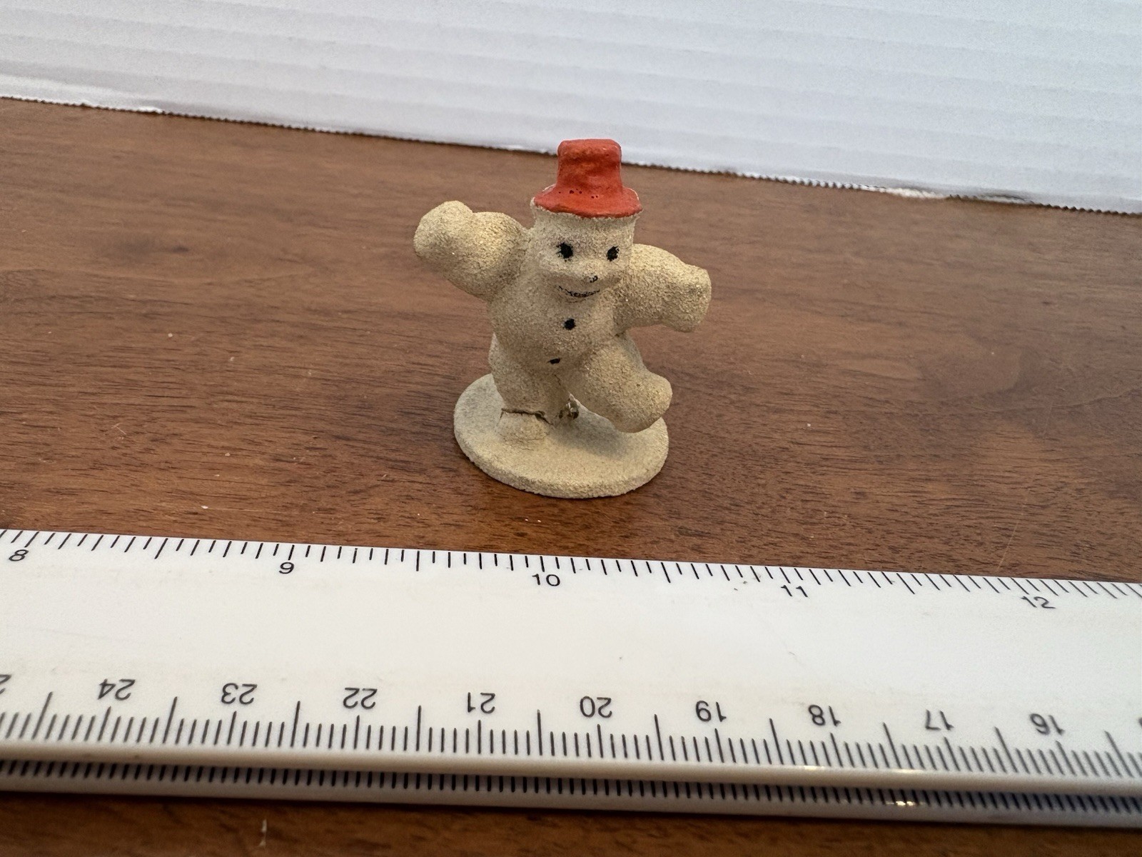 VTG 1940s Christmas Mini 2” Putz Snowman Baby W/ Red Cardboard Top Hat Germany