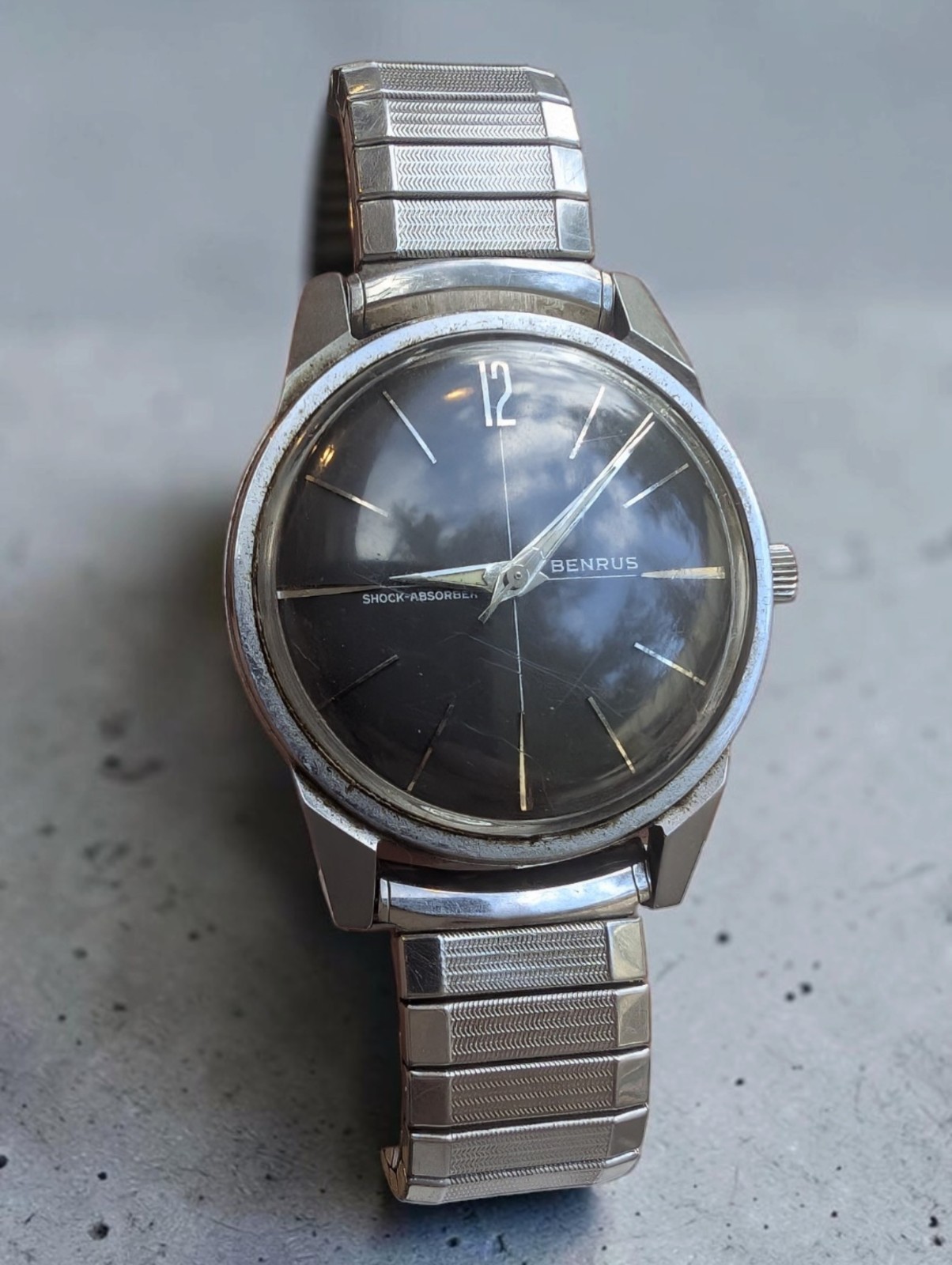 Vintage 1960s Benrus Shock-Absorber 3021 Manual Watch Black Dial 34mm Runs