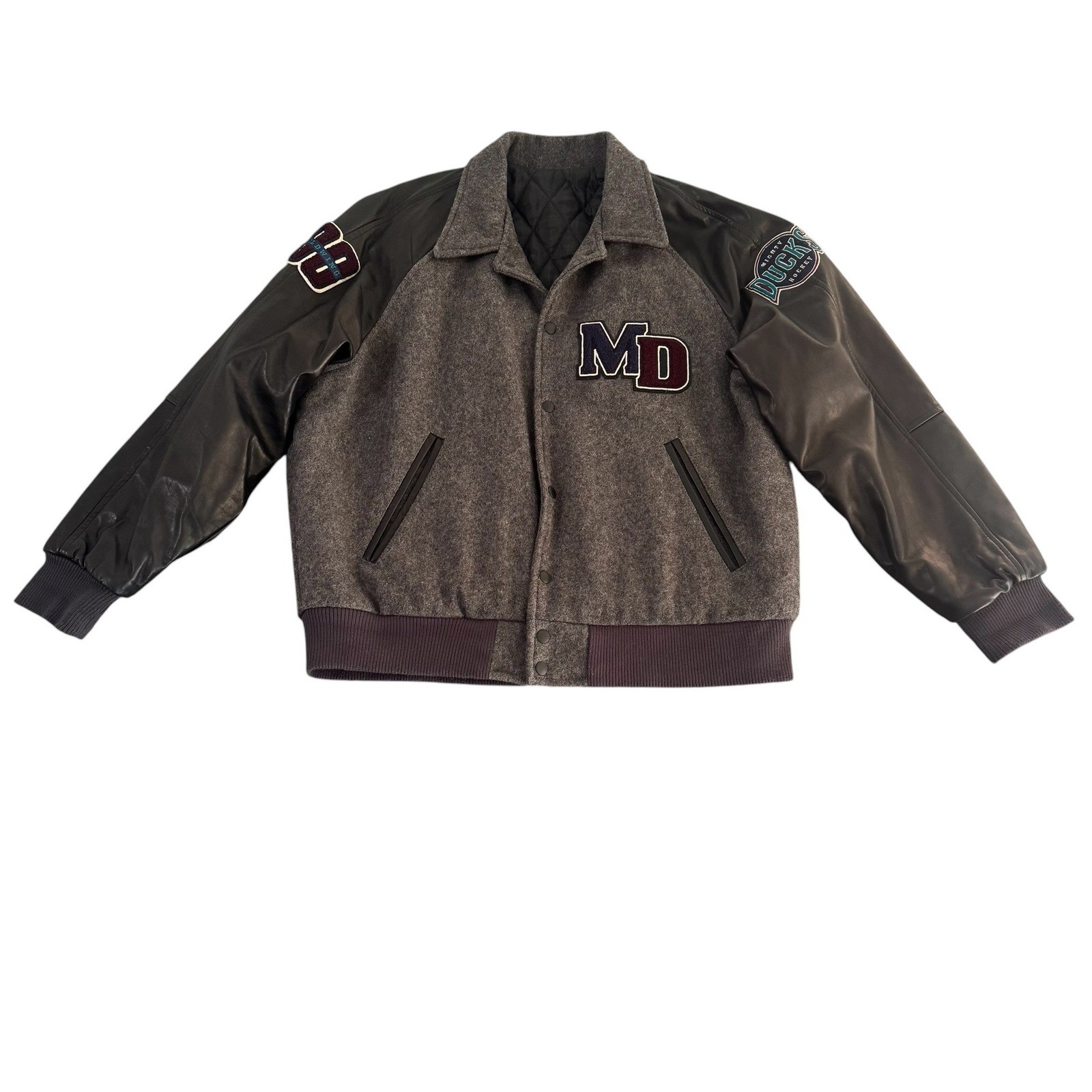 VTG Identity Inc Mighty Ducks Leather Wool Varsity Jacket Gray Made in USA Large