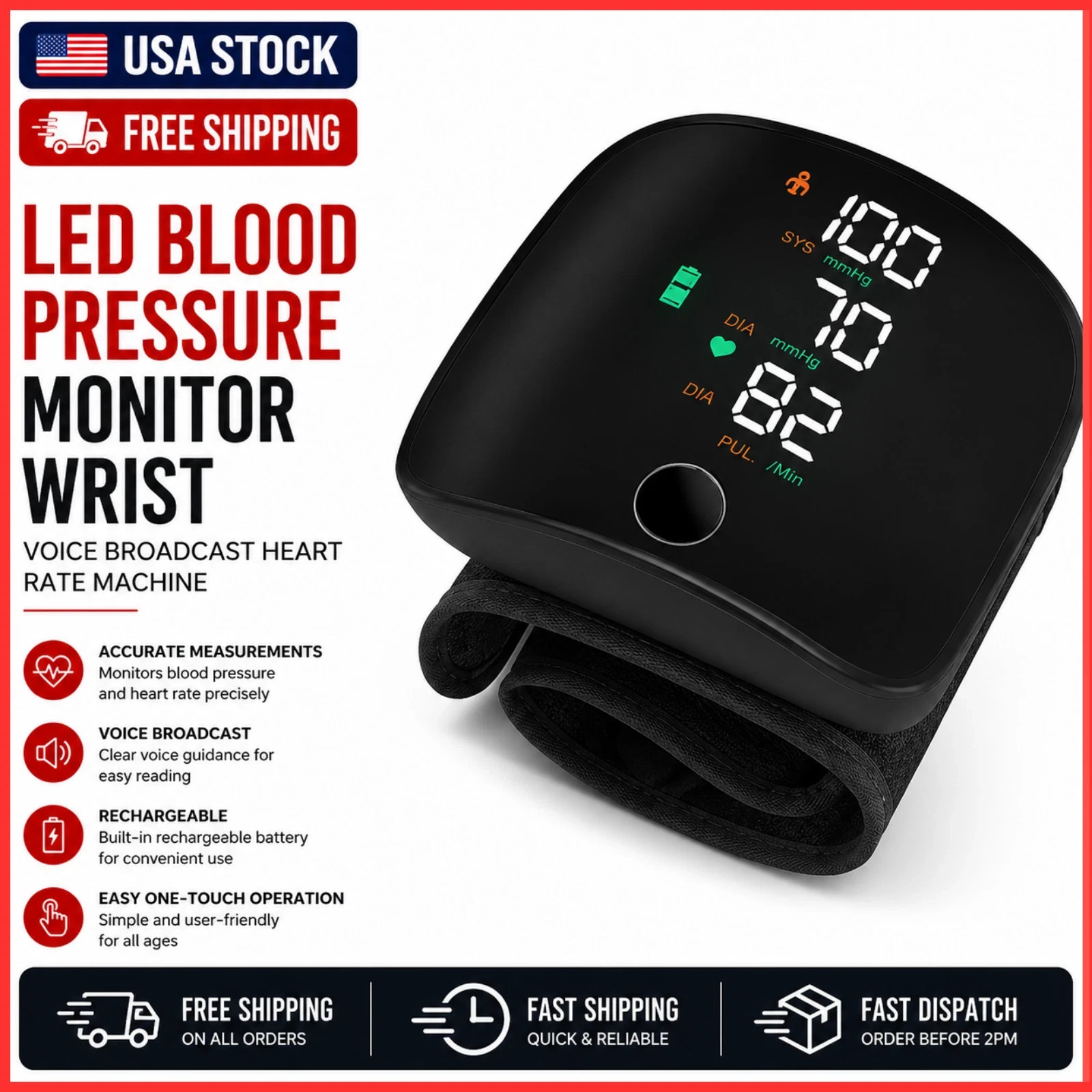 LED Blood Pressure Monitor Wrist Rechargeable Voice Broadcast Heart Rate Machine
