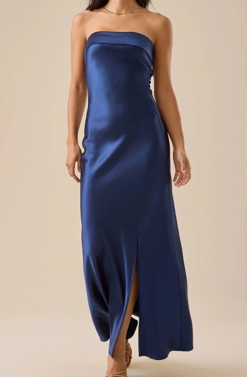 Altar\'d State Paityn Midnight/Navy Blue Strapless Satin Maxi Dress Small NWT