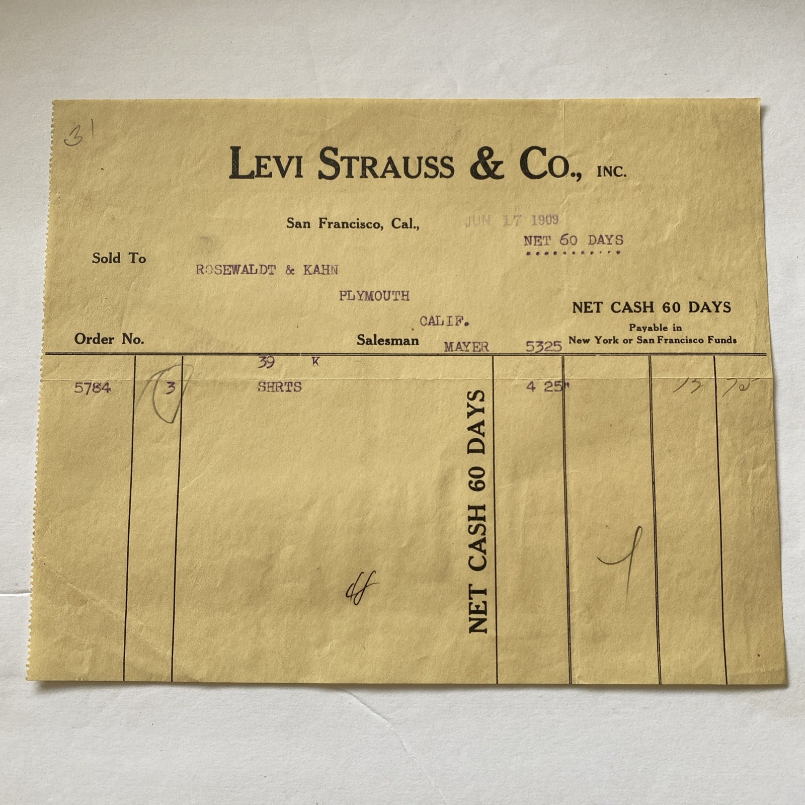Antique Receipt Levi Strauss & Co. San Francisco 1909 Old West Antique Receipt Levi Strauss & Co. San Francisco 1909 Old West