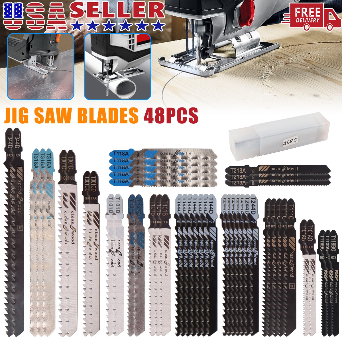 48PC T-shank Assorted Jig Saw Blades Set Wood Plastic Metal Cutting Jigsaw Blade