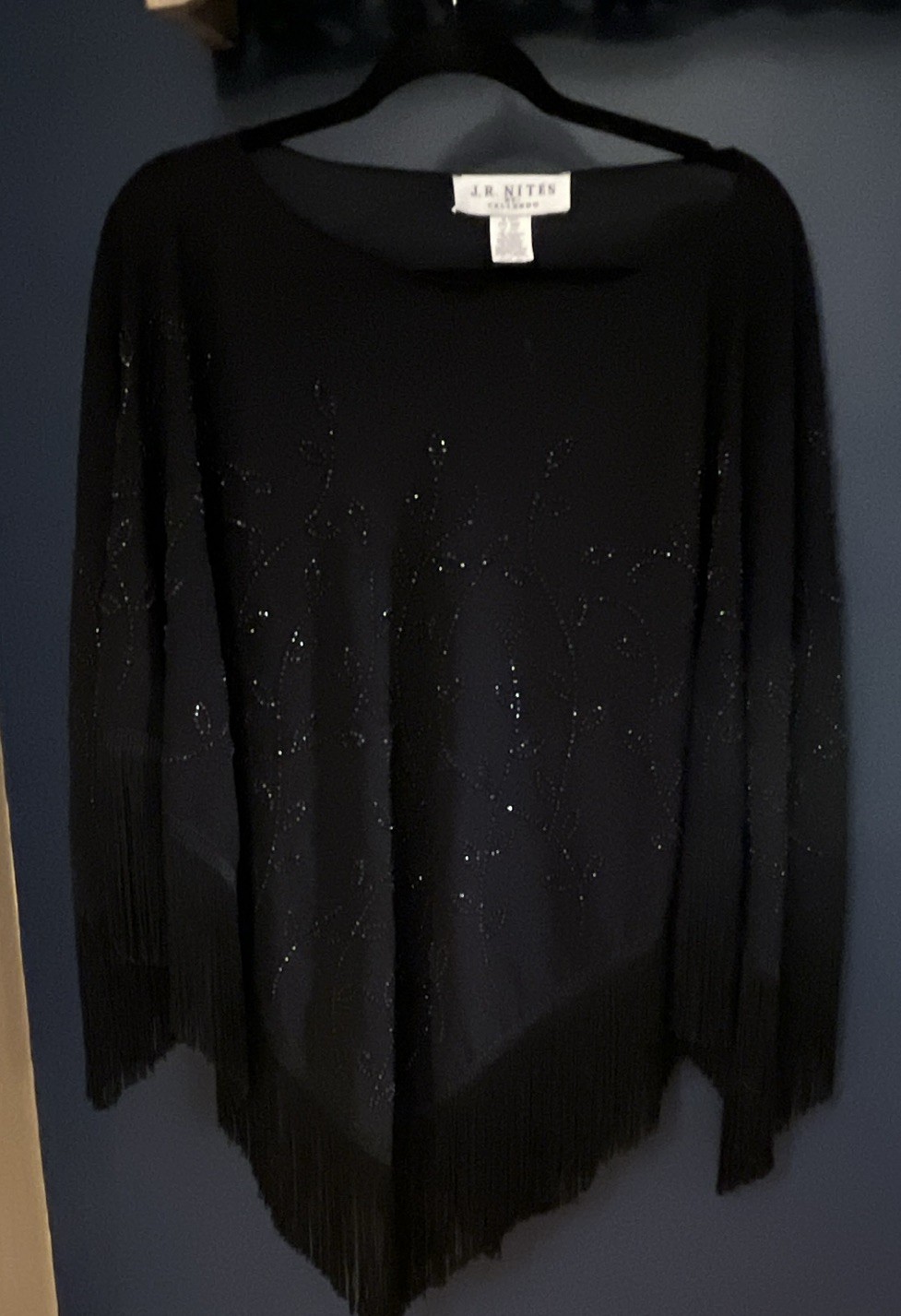 J.R. Nites by Caliendo Black Sheer Evening Poncho Top Beaded Fringe OS J.R. Nites by Caliendo Black Sheer Evening Poncho Top Beaded Fringe OS