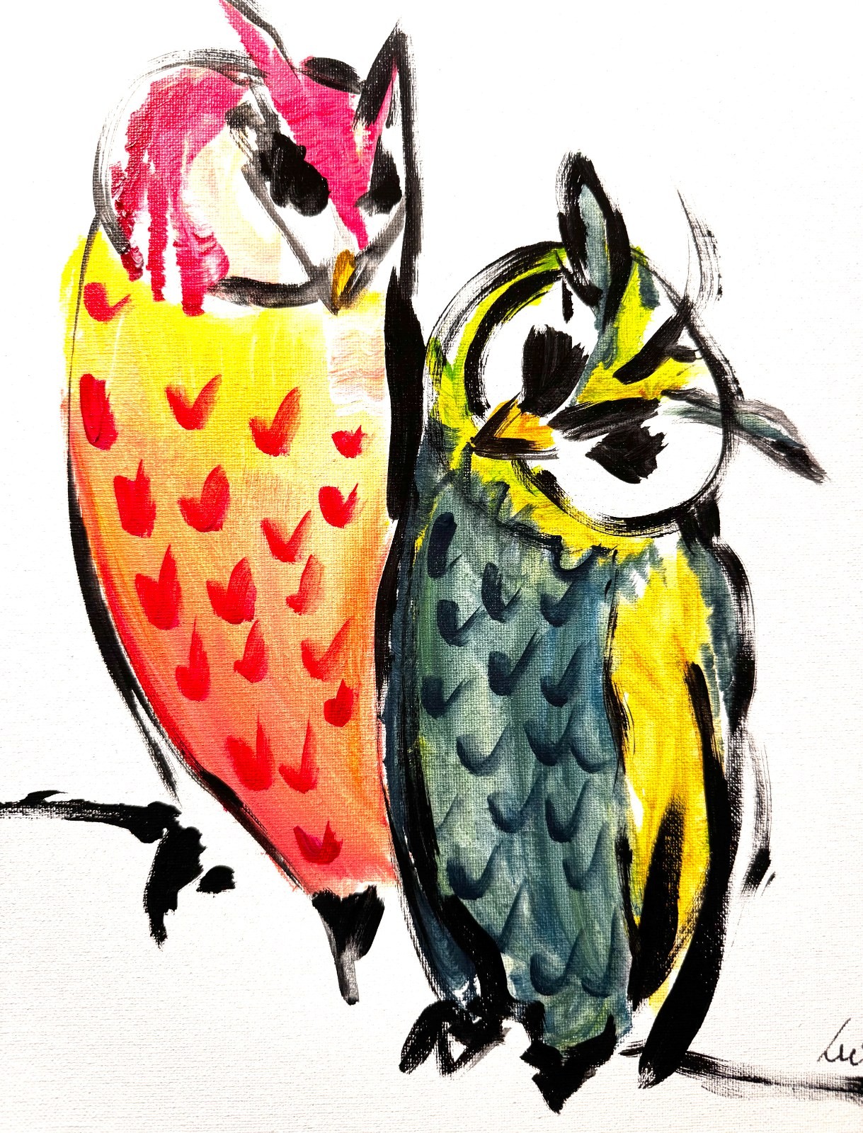 SAMATOWIC Original Acrylic 11x14 Folk Colorful Owl Pair Painting Signed Canvas
