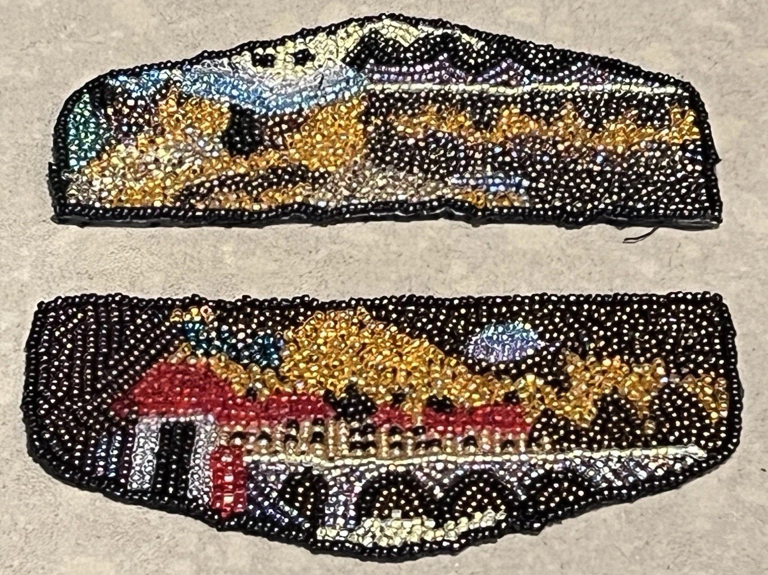 Antique Victorian Beaded Appliqué Panels Scenic Landscape Glass c1900