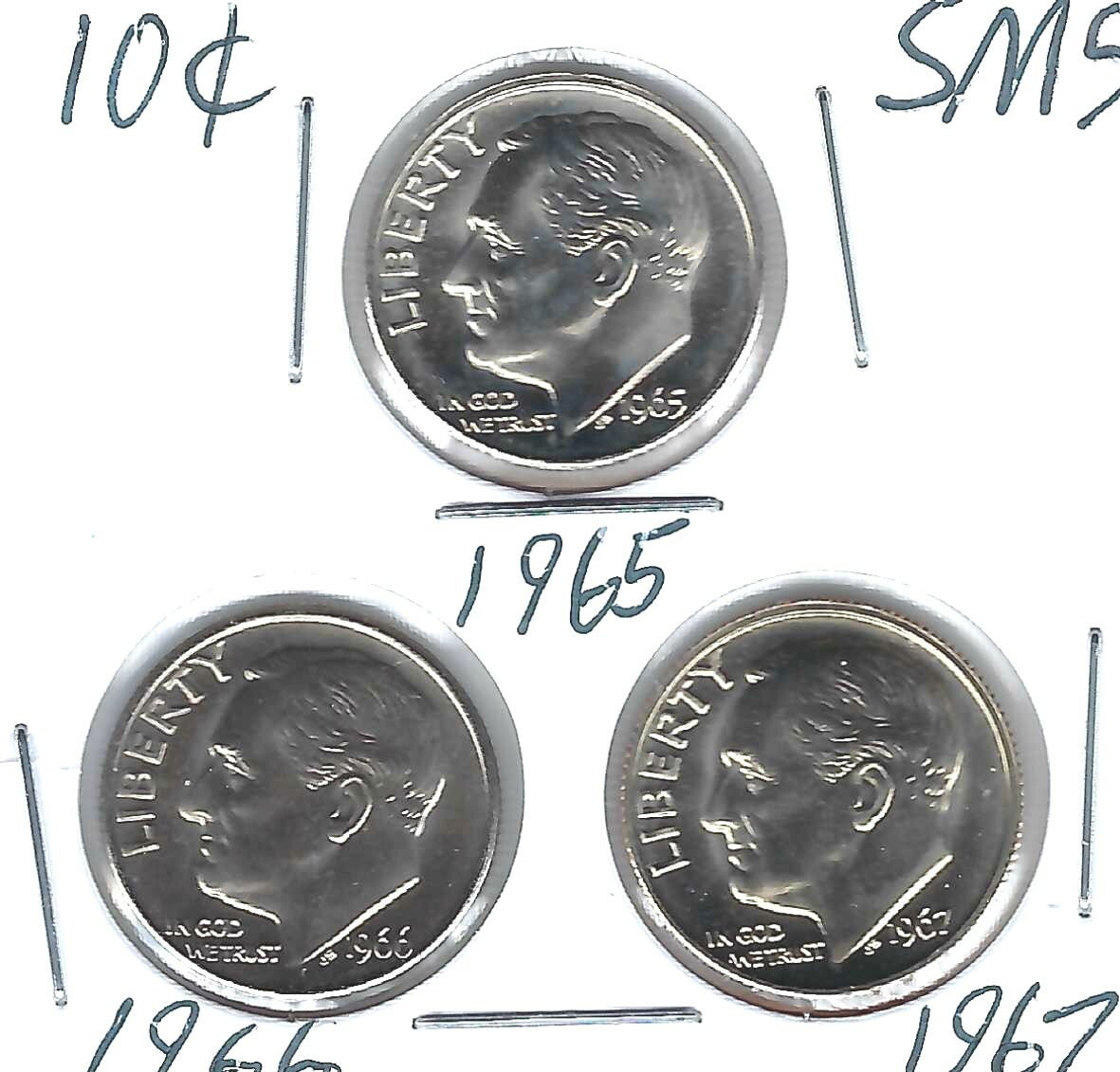 1965+1966+1967 Philadelphia Three Proof Like SMS Roosevelt Dimes 1965+1966+1967 Philadelphia Three Proof Like SMS Roosevelt Dimes