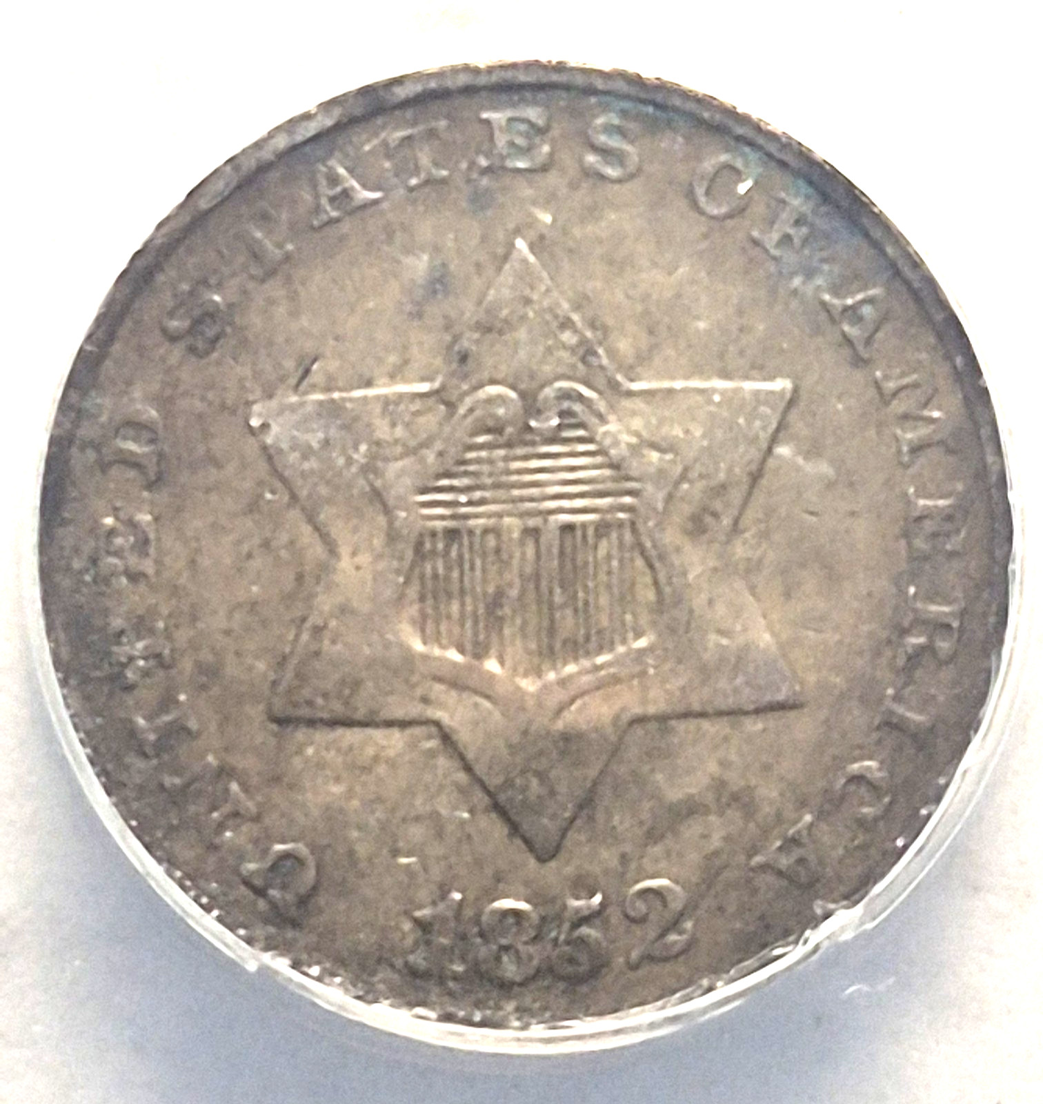 1852 3CS THREE CENT SILVER TRIME GRADED ANACS EF40 DETAILS CORRODED