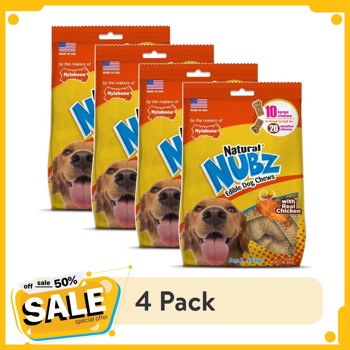 (4 pack) Nylabone Nubz Chicken Dog Treats, All Natural Edible Long Lasting Dry