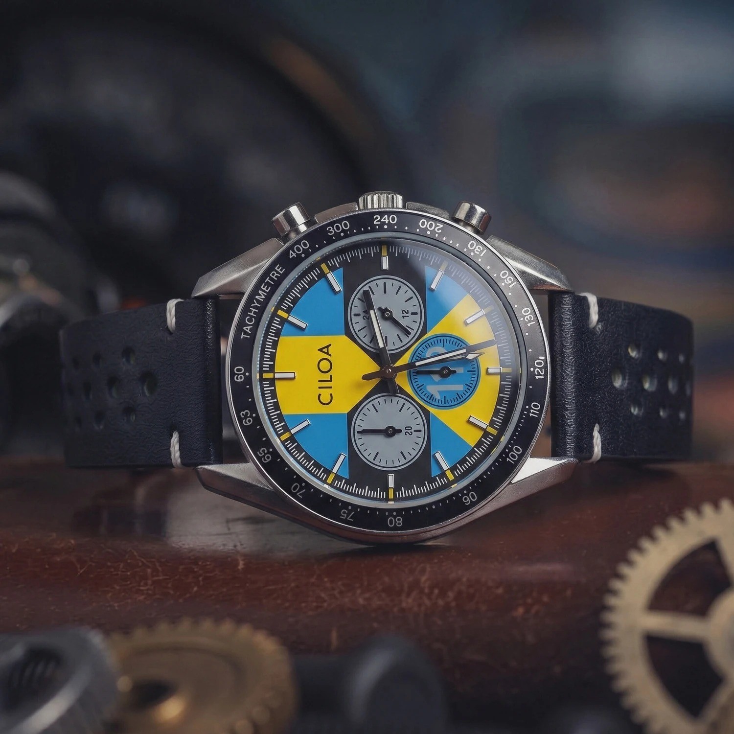 CILOA Men's Racing Chronograph Watch Blue & Yellow Dial Leather Strap Tachymeter