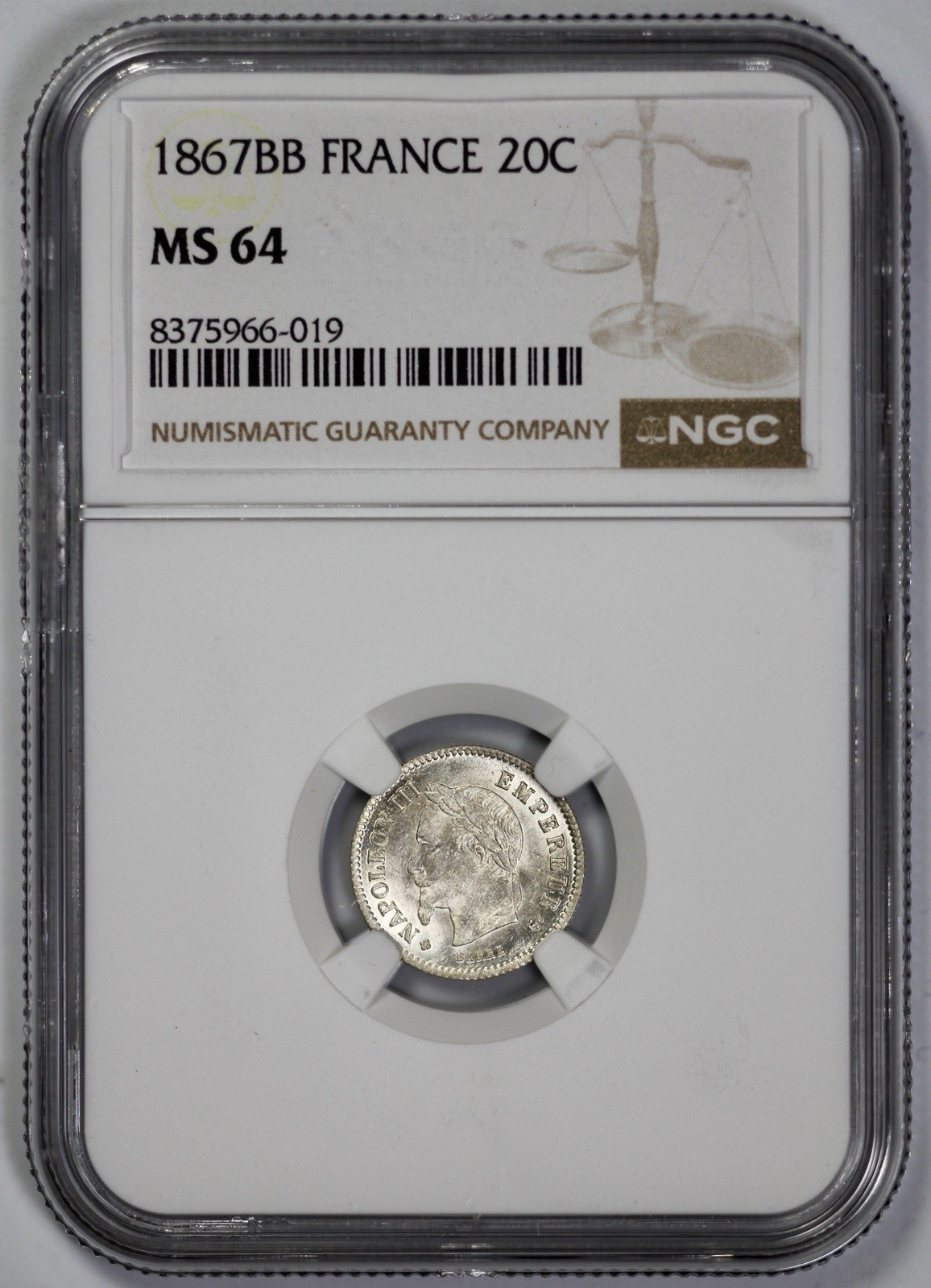 1867-BB France Silver 20 Centimes NGC MS 64