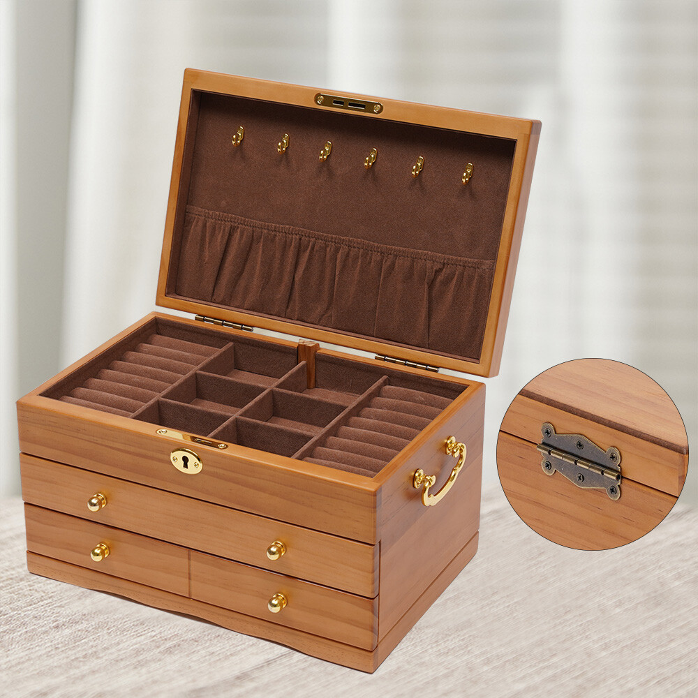 Elegant 3-Layer Wooden Jewelry Box with Safe Lock and Velvet Interior