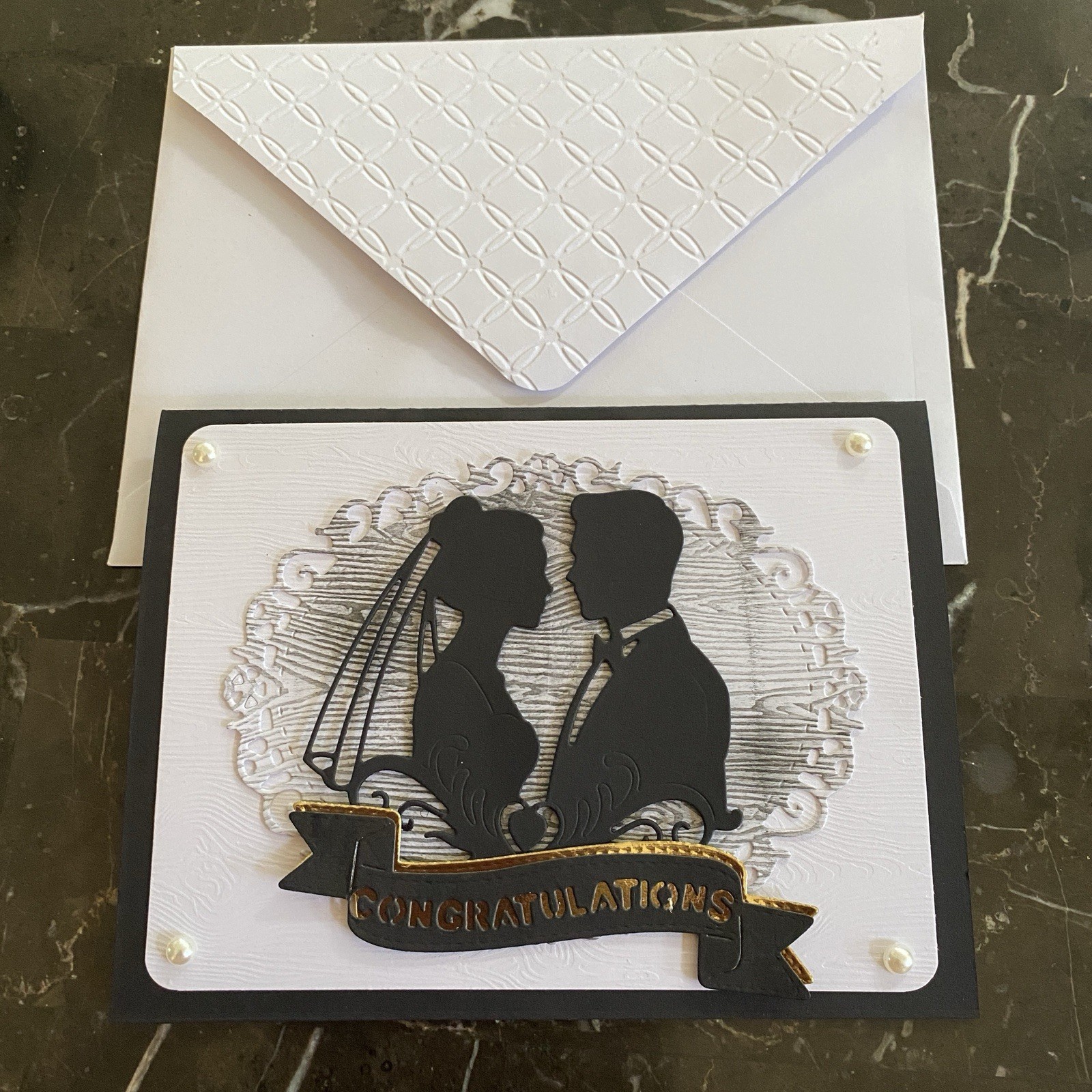 handmade Embossed Wedding day card with gold foil accents, paper cut outs