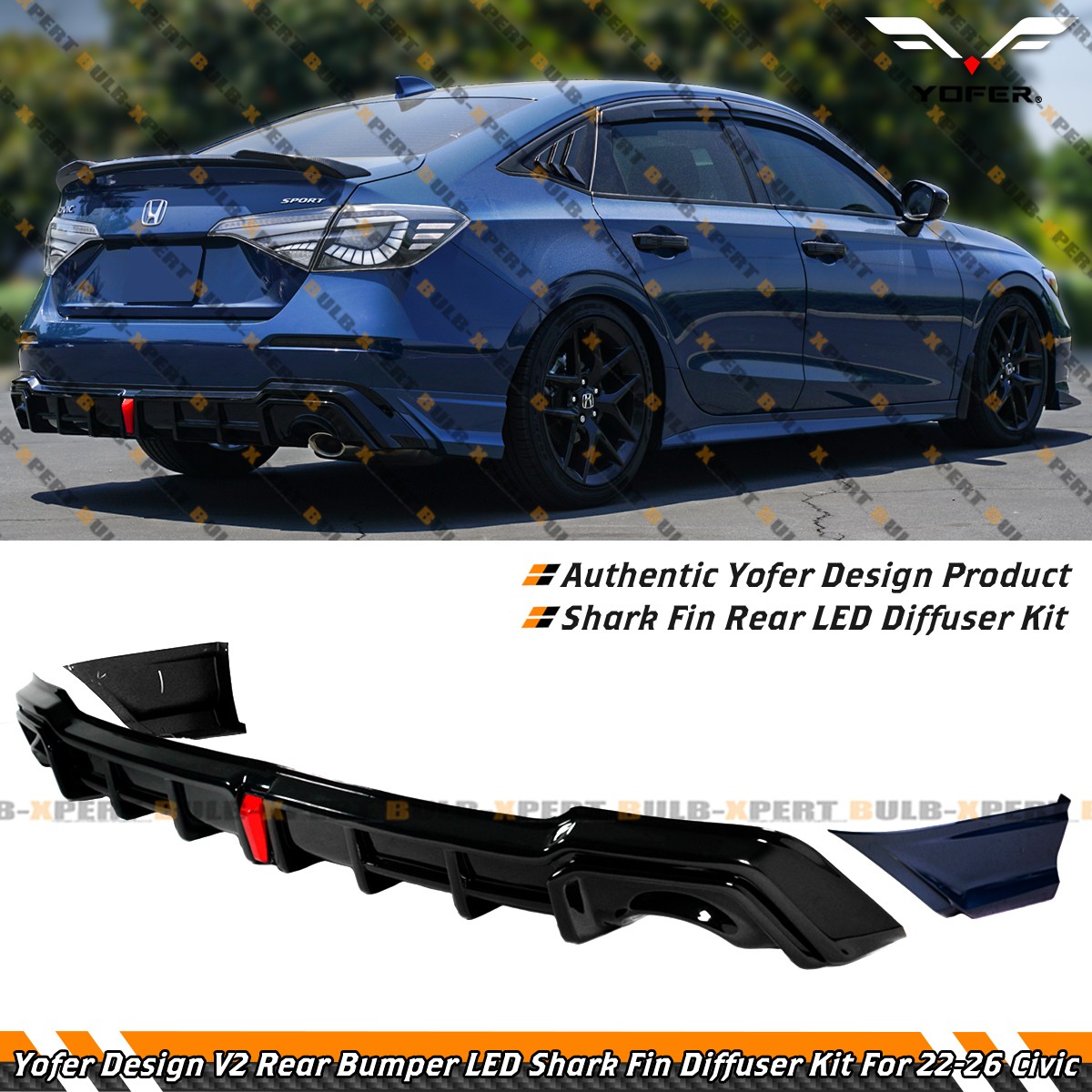 For 2025-26 Honda Civic Sedan Yofer Blue Lagoon LED Rear Diffuser + Corner Spats