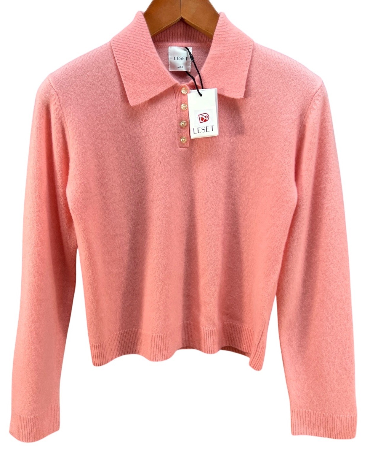 LeSet Jesee Polo Women S Pink 100% Lambswool 1/4 Button Pullover
